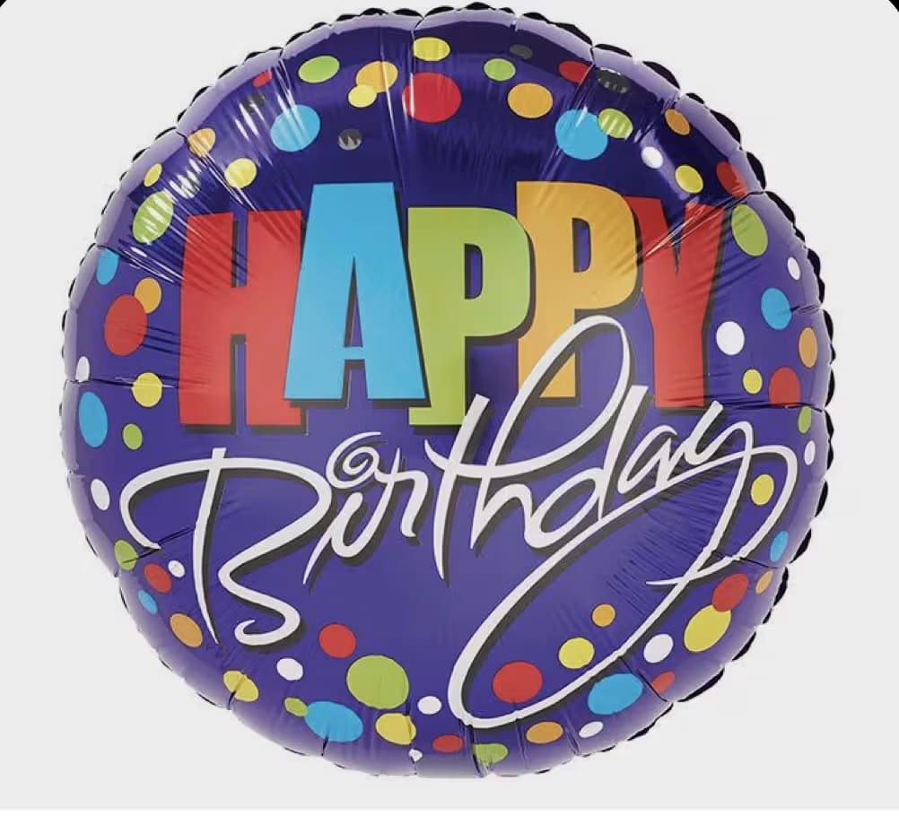 Mylar Birthday Balloon - A standard, 18" foil mylar balloon with Happy Birthday sentiment. Styles will vary
