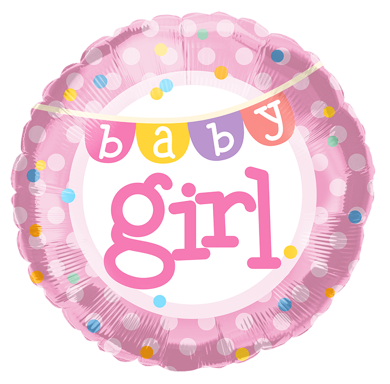 Baby Girl Balloon - An 18" mylar balloon for baby girl inflated with helium. Styles will vary.