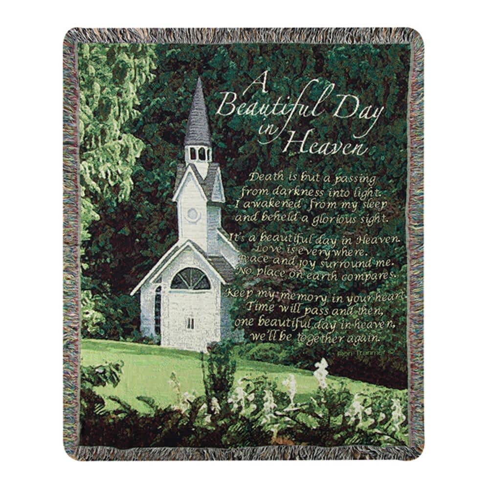 Beautiful Day in Heaven Tapestry Throw  - Your throw will be folded with a bow and your card message. If you would like it to be displayed on an easel, you will need to choose the deluxe version. This heirloom-quality A Beautiful Day In Heaven Tapestry Throw will add boutique charm to your home! Our Tapestry Throws are woven from 100% cotton. The weave is thick, and this versatile 50" x 60" piece can be used as a blanket, bedspread, or wall hanging