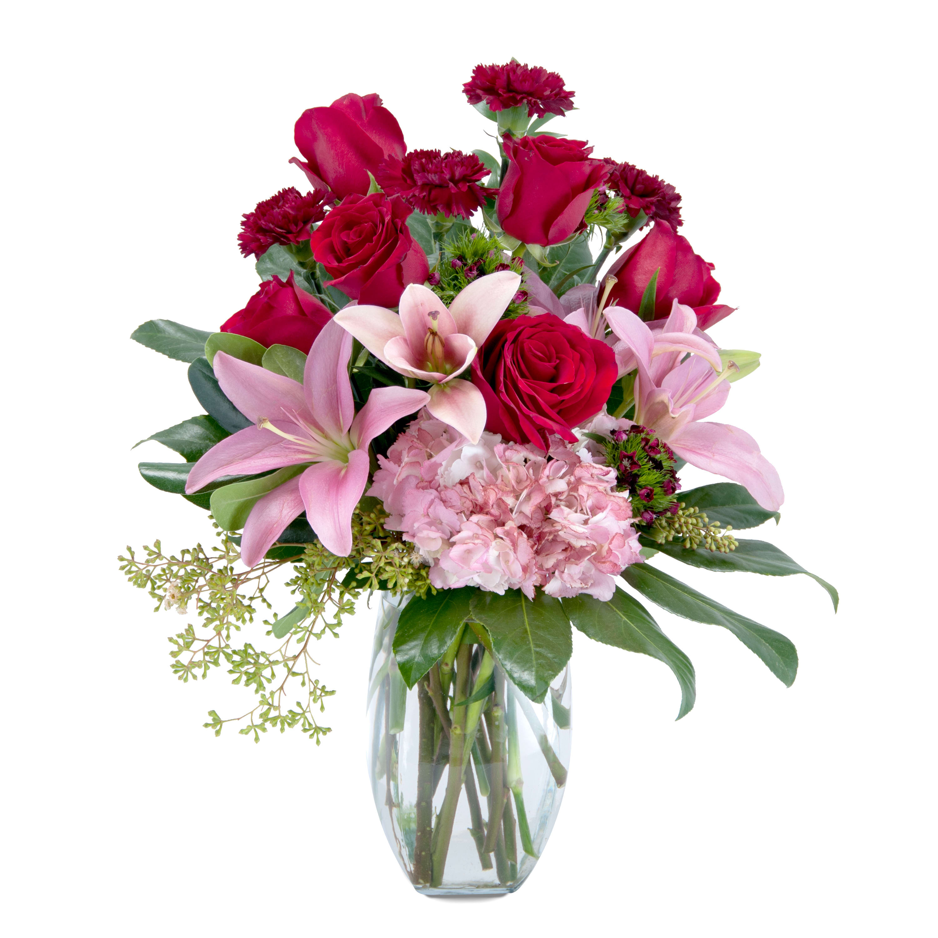 Blushing Rose - Rich red roses, blush pink Asiatic lilies and hydrangea, deep burgundy carnations and sweet William are designed in this clear glass vase. Beautifully collared with rich green foliage.  Approximately 21"H  X 15"W As Shown: TMF-157 