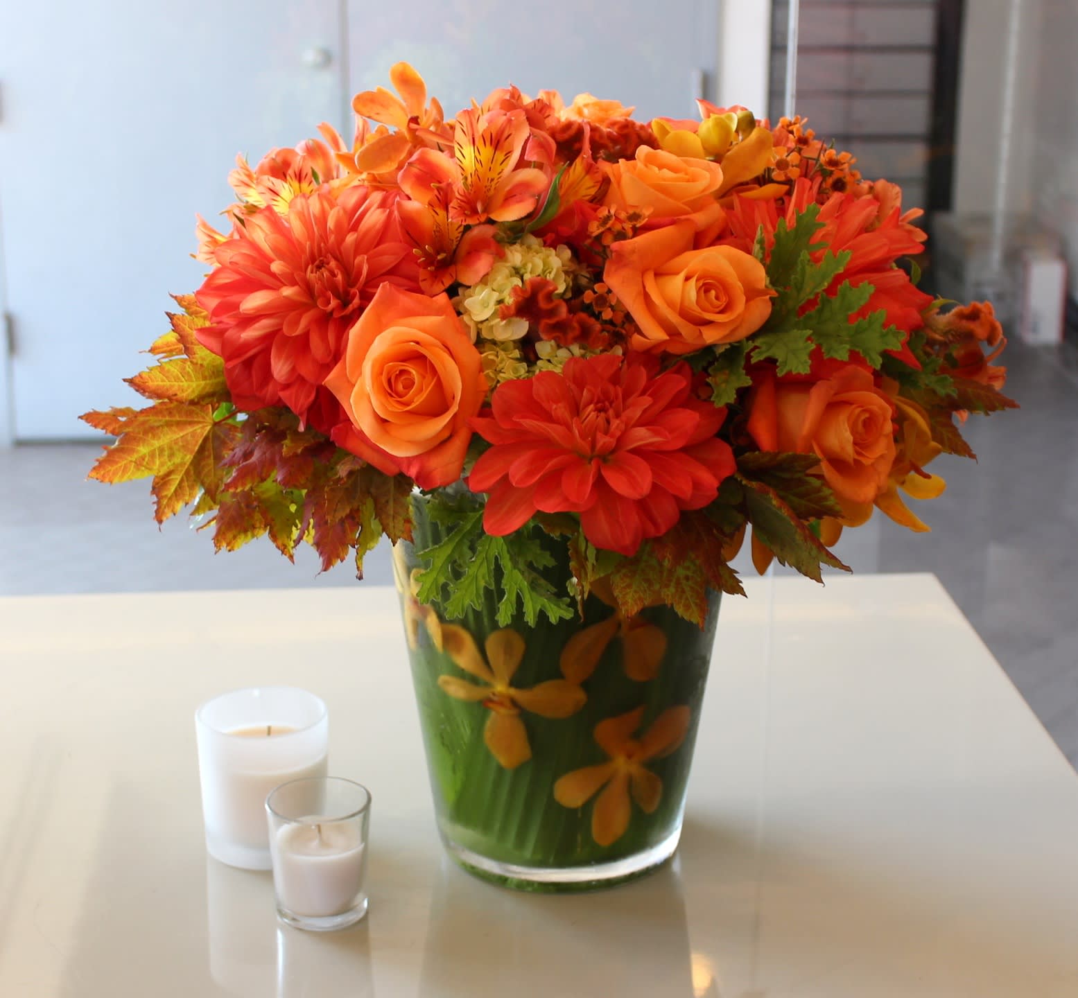 Autumn Flowers - Gorgeous mix of Autumn Flowers in a gorgeous green glass vase. 