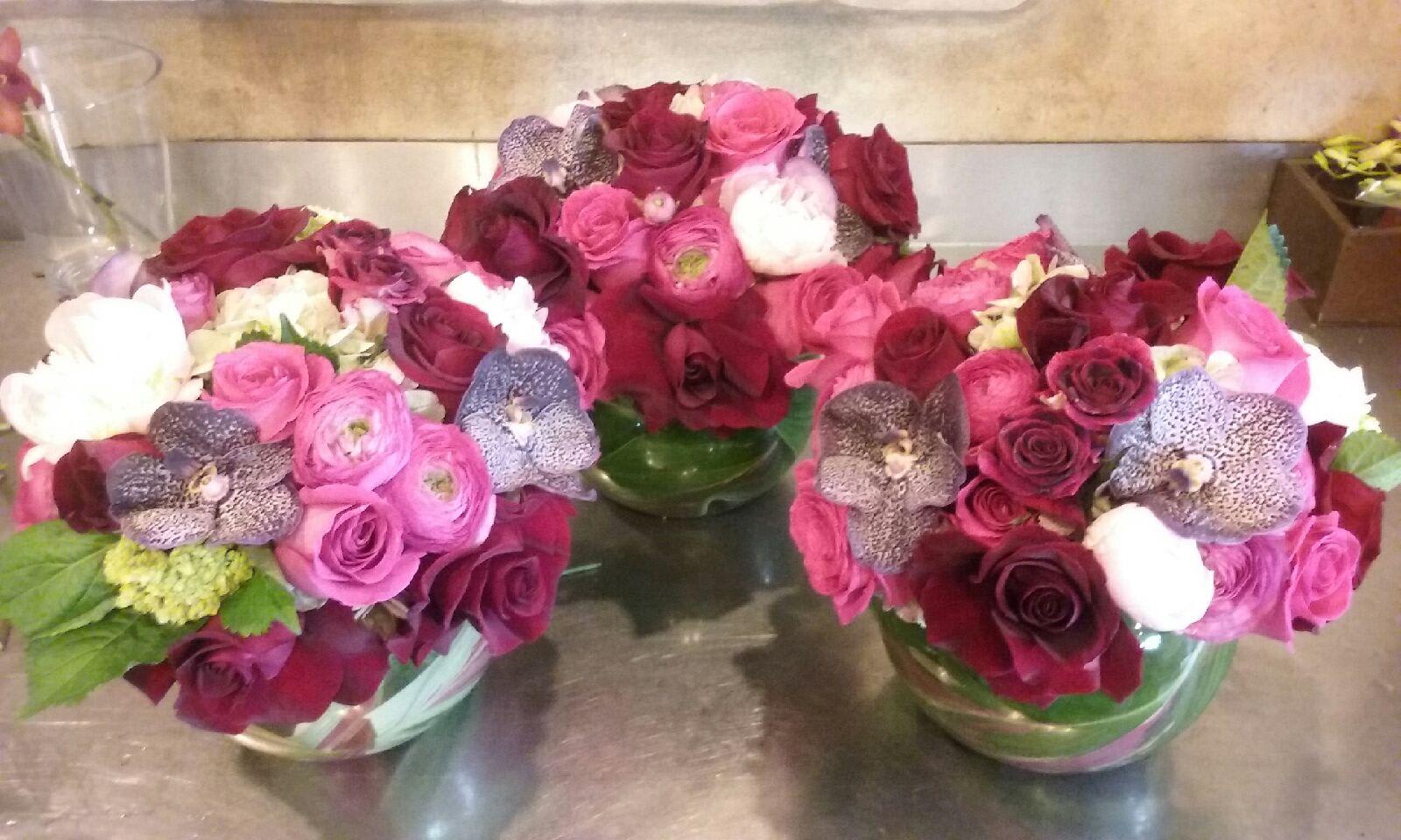Bowl of hearts - Single bowl of Green hydrangea, ranaculas, mix color roses,  orchids and others.