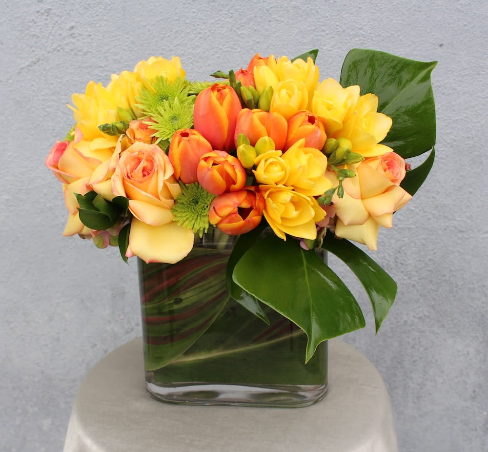 Dutch Tulips - Freesia, Roses, Mums, Dutch Tulips in a Glass Vase