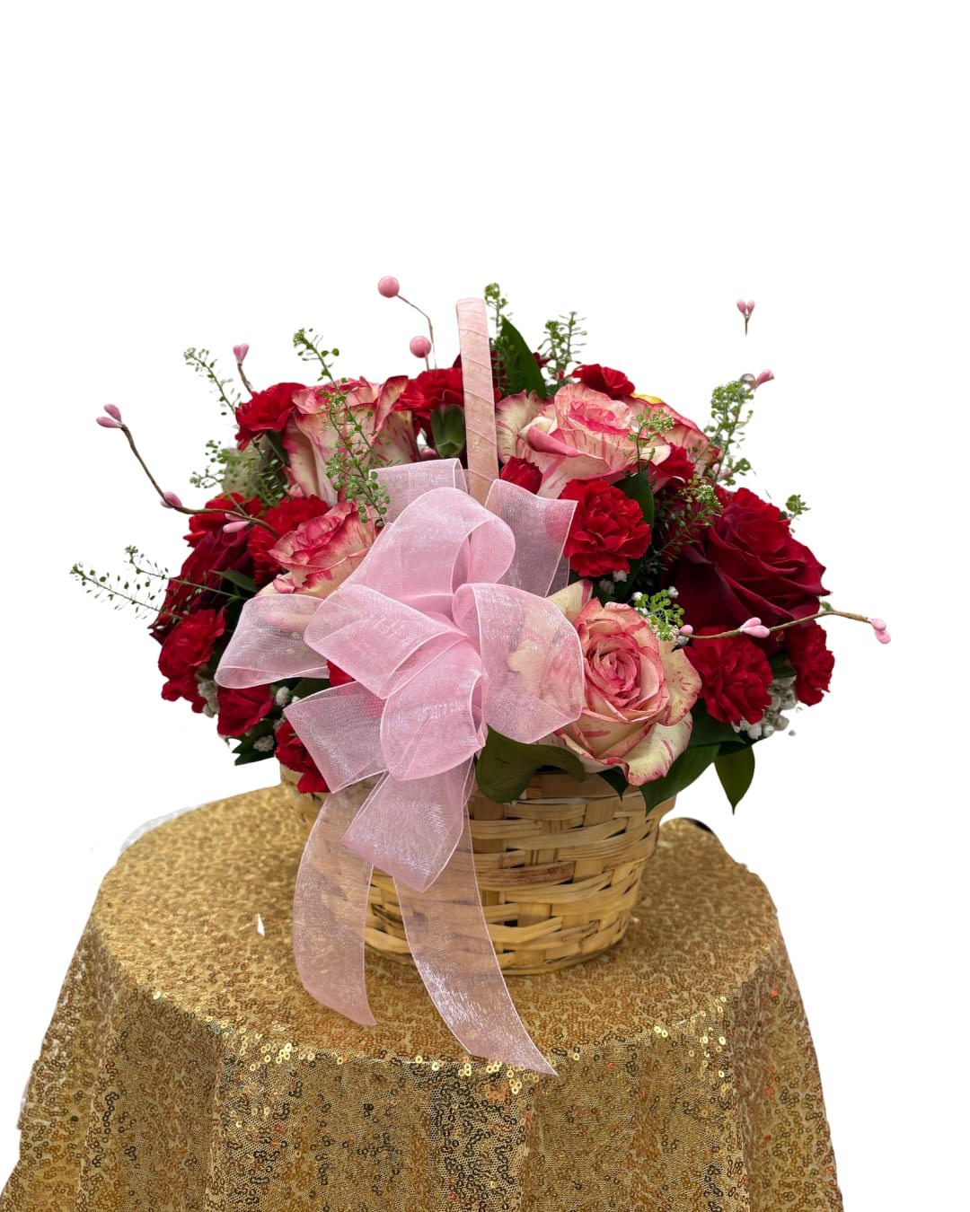 Valentine’s Rose Delight - Surprise that special someone with this elegant floral basket designed to charm. An arrangement of red and pink roses, accompanied by delicate accent flowers and fresh foliage, presented in a handcrafted basket and decorated with a soft pink ribbon. Perfect for expressing love, romance, and sweetness on Valentine's Day or any special occasion.