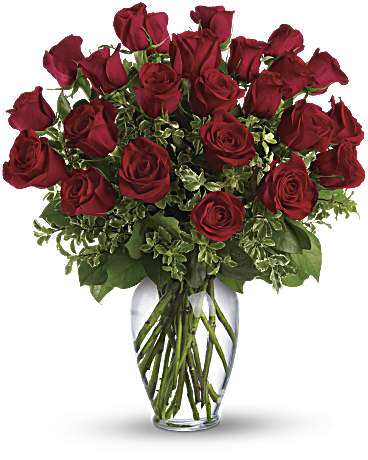 My Perfect Love Red Roses - Two dozen red roses are accented with fresh green bupleurum and salal.  Say "I love you" by sending this lovely arrangement of twelve radiant red roses and fresh greens delivered in a beautiful spring garden vase. Love always.  Approximately 20" W x 24" H  Orientation: All-Around 