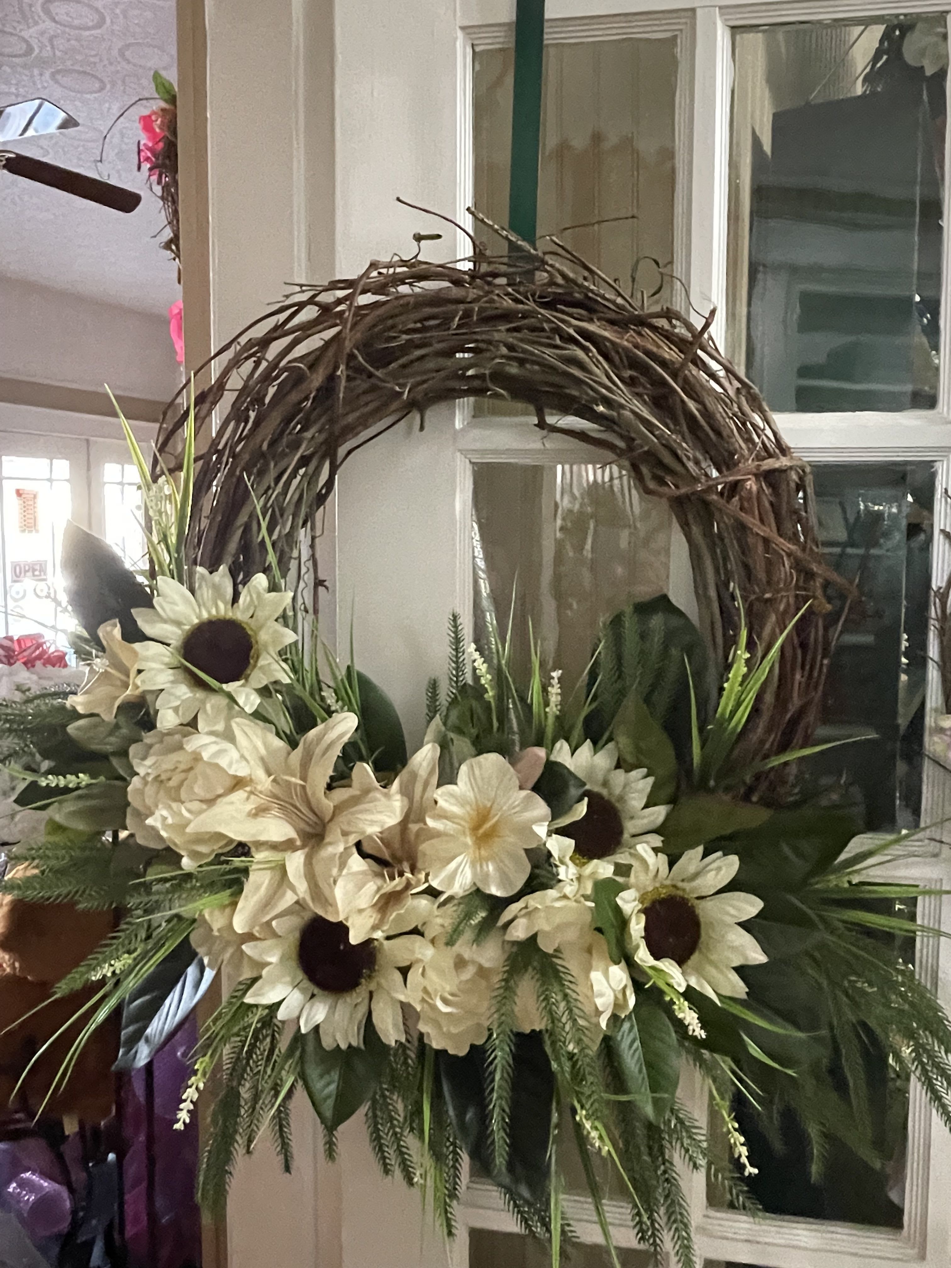 Creamy Sunflower Wreath - A grapevine Wreath covered in the beautiful muted cream color and mixed flowers such as creamy sunflowers ,greens, and a trendy look to go with any decor.