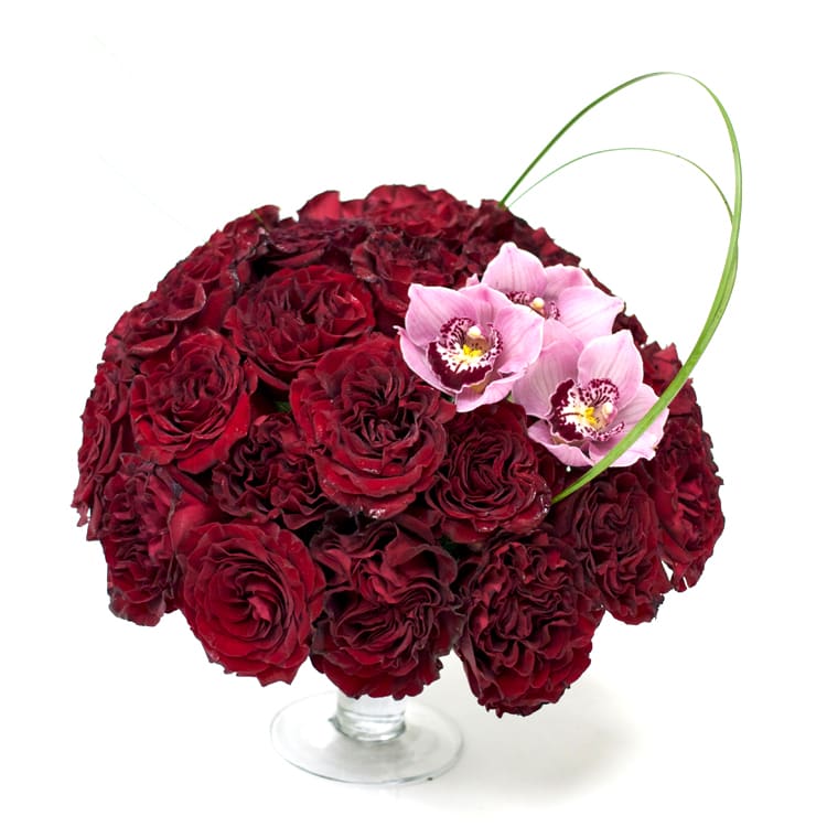 Low Ball  - over 1 dozen  red Roses accented with Pink orchids
