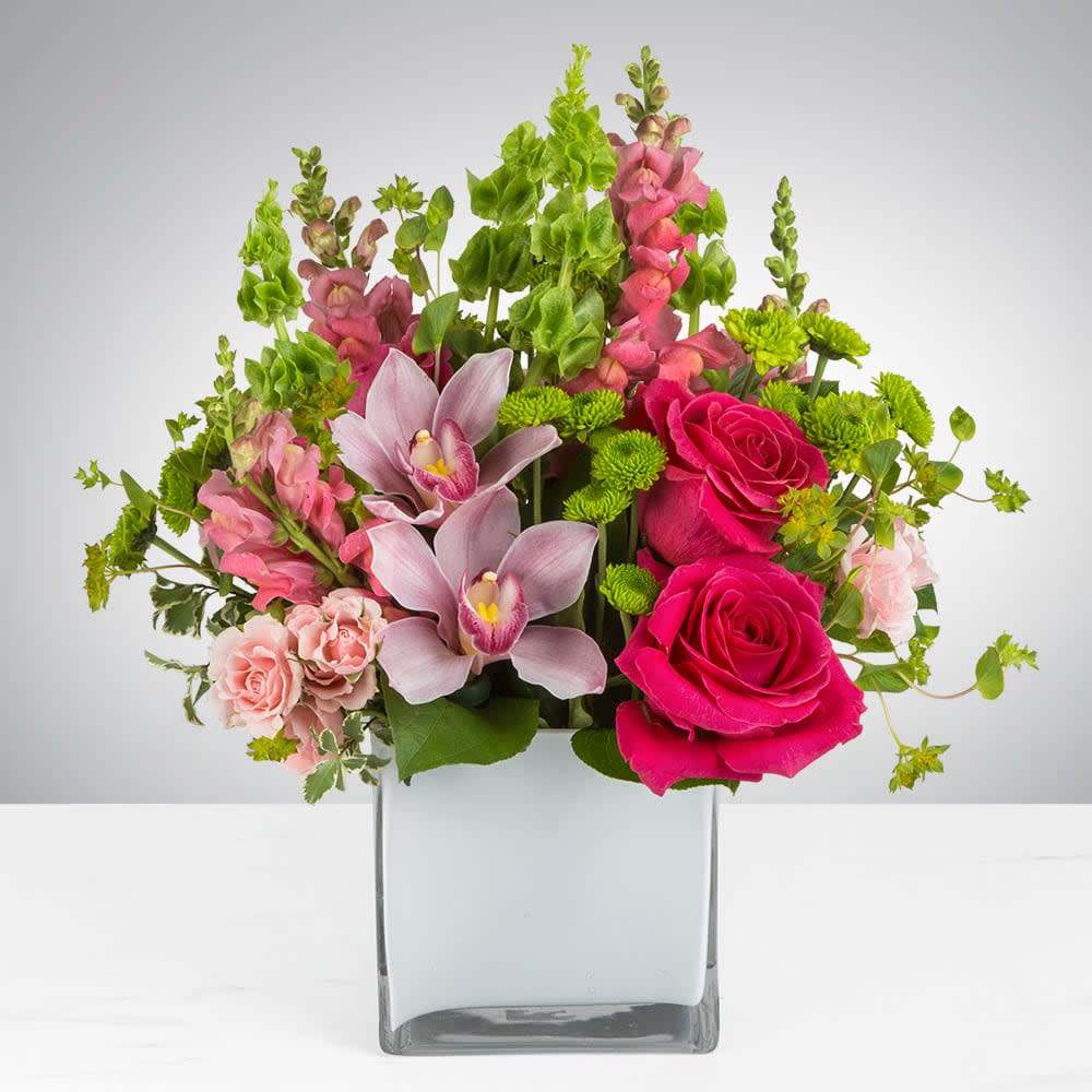 Take Me Away by BloomNation™ - Escape to paradise with this lush and vibrant bouquet. This arrangement contains Cymbidium Orchids, Bells of Ireland, Snapdragon, Roses, and Button Mums. This is the perfect gift for a birthday, congratulations, or to celebrate new beginnings. Flowers may vary slightly