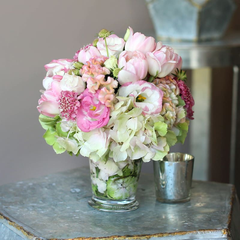 Soft shades of pink - Has an antique feel.