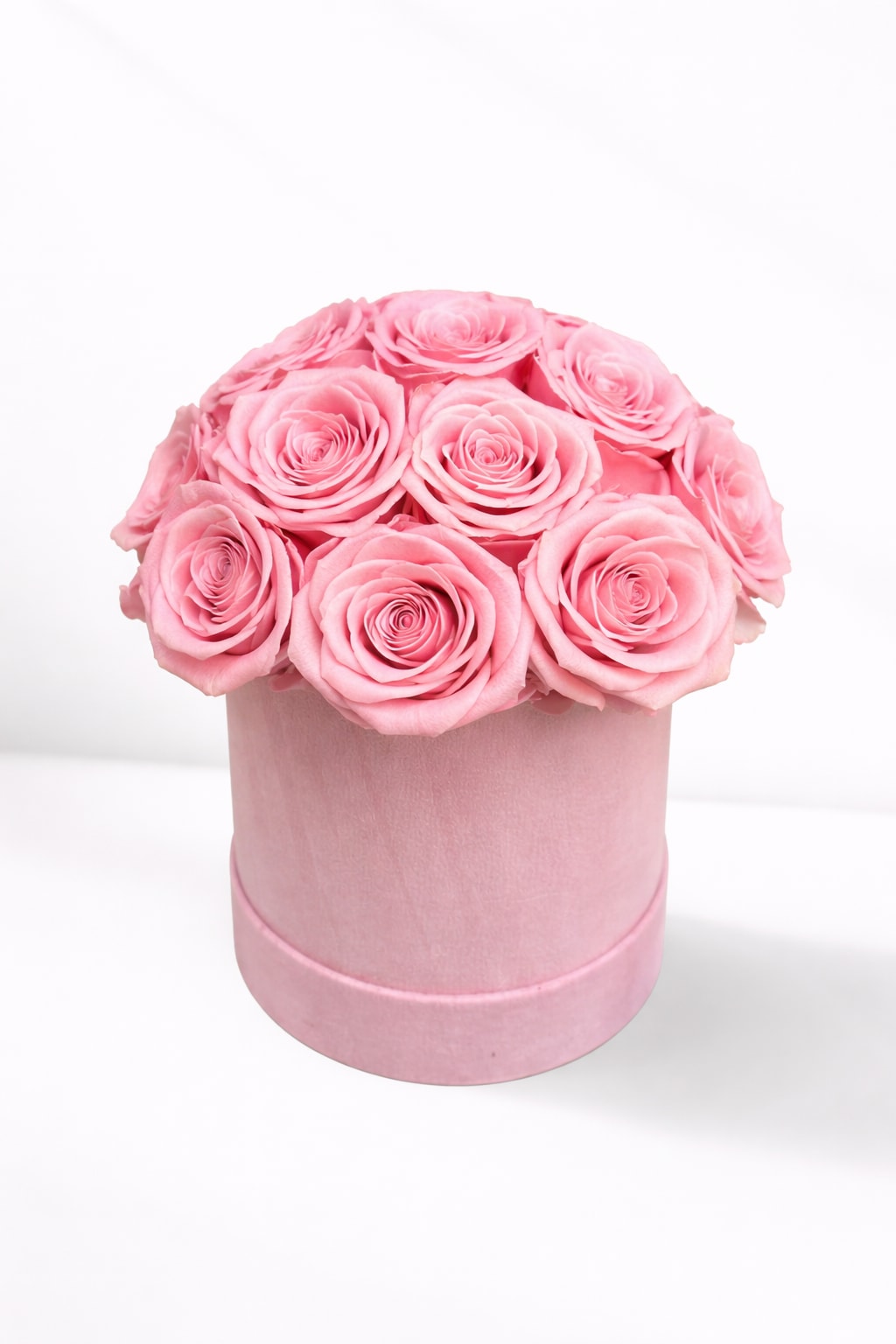 Forever Roses - Pink - Elevate your space with our luxurious velvet cylinder box featuring real preserved roses. Available in arrangements of 16, 25, or 30 roses, each box showcases a dome-shaped arrangement of exquisite Ecuadorian preserved roses in your choice of red, white, light pink, or hot pink. Nestled within a plush velvet cylinder box, this stunning bouquet offers timeless beauty and elegance that lasts for years.  Our Forever Roses are the perfect way to show your love and appreciation - forever. Our exquisite roses are preserved to maintain their delicate beauty, for a sophisticated gift that will last a lifetime. Each rose dome is presented in an elegant velvet gift box, offering a truly special token of your affections.  Perfect for any occasion or as a striking decor piece, these preserved roses provide a maintenance-free alternative to fresh flowers, requiring no watering or upkeep. Each rose is carefully preserved to maintain its vibrant color and delicate texture, ensuring a long-lasting display that adds a touch of sophistication to any setting.  Standard : 16 Roses Deluxe: 25 Roses Premium: 30 Roses  Product Features:  • Luxurious Arrangement: Choose from 16, 25, or 30 preserved roses arranged in a dome shape. • Elegant Color Options: Available in red, white, light pink, or hot pink. • Velvet Cylinder Box: Packaged in a plush velvet box for a touch of luxury. • Maintenance-Free: No watering or wilting, offering enduring charm.  Box Dimensions:12x10x10 
