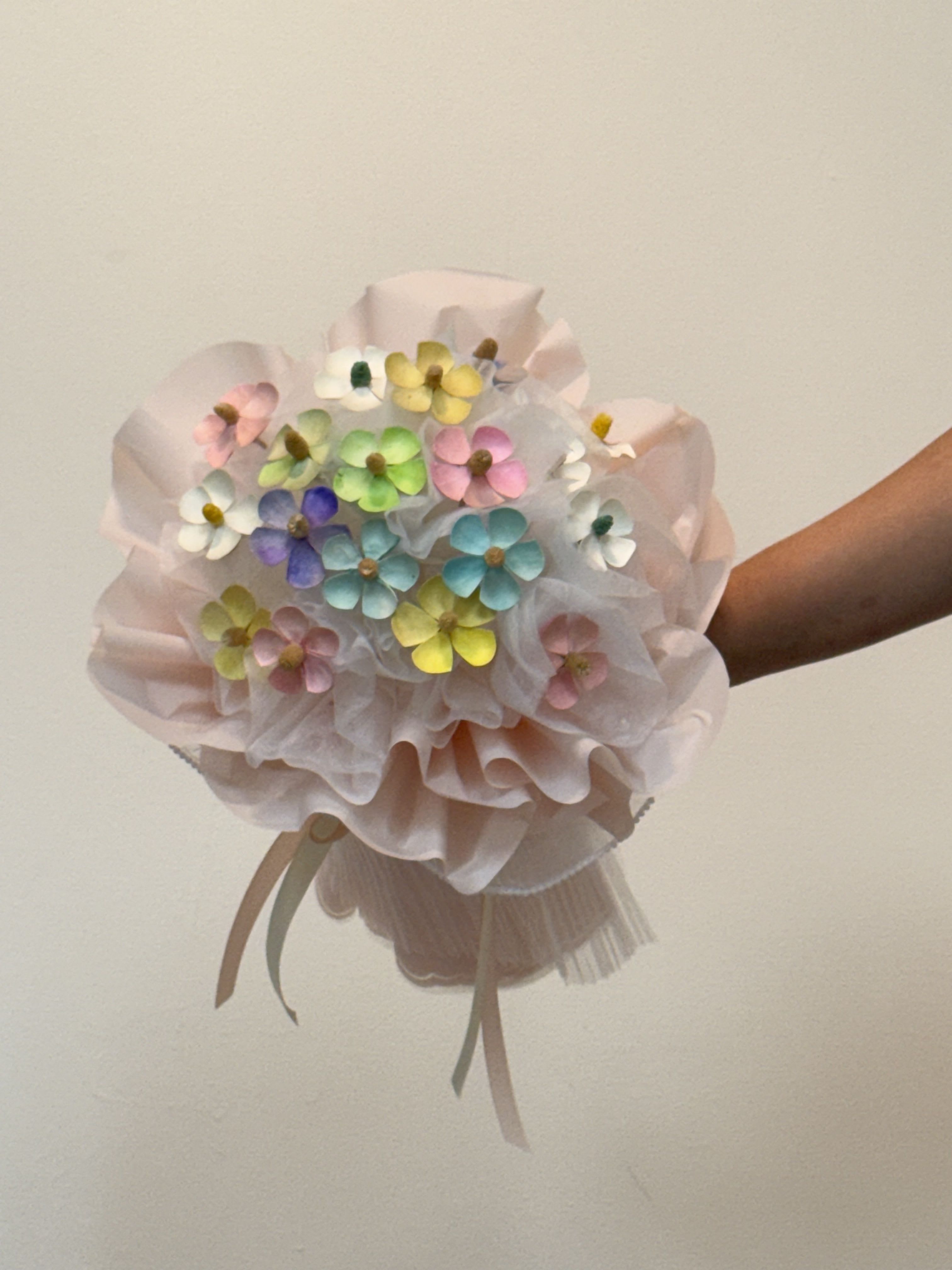 Little Pop - This is a handmade bouquet with a sweet, lovely and energetic style. The flower color adopts a soft macaron color system, creating a dreamy visual effect. Type of flower material These flowers are artificial, not real flowers. Color and style The bouquet combines a variety of macaron shades: Color: including light pink, tender yellow, mint green, light blue, lavender purple and white. Style: The whole presents a kind of "dopamine" color aesthetics, symbolizing joy, happiness and innocence. Packaging design The bouquet adopts a multi-level and pleated packaging method: Material: Use light and translucent pink organza or waterproof paper to create a fluffy and soft cloud effect. Details: The bottom is tied with a light ribbon to make the overall appearance more exquisite. Symbolic meaning Because it is handmade and never withers, this bouquet is very suitable for expressing eternal love or long-lasting friendship. It is not only a gift, but also contains the hearts and blessings of the producer. It is very suitable as a birthday gift, graduation gift or a loved one.