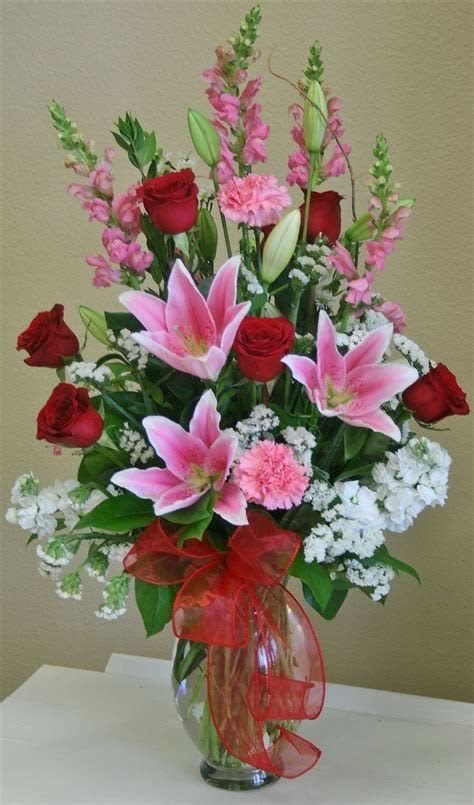 Pink lady. - Greenery,red roses pink lilies, carnation,snapdragons.
