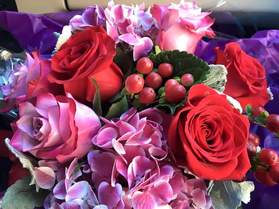 Last Kiss - Red roses, pink roses, hydrangea, hypericum berry