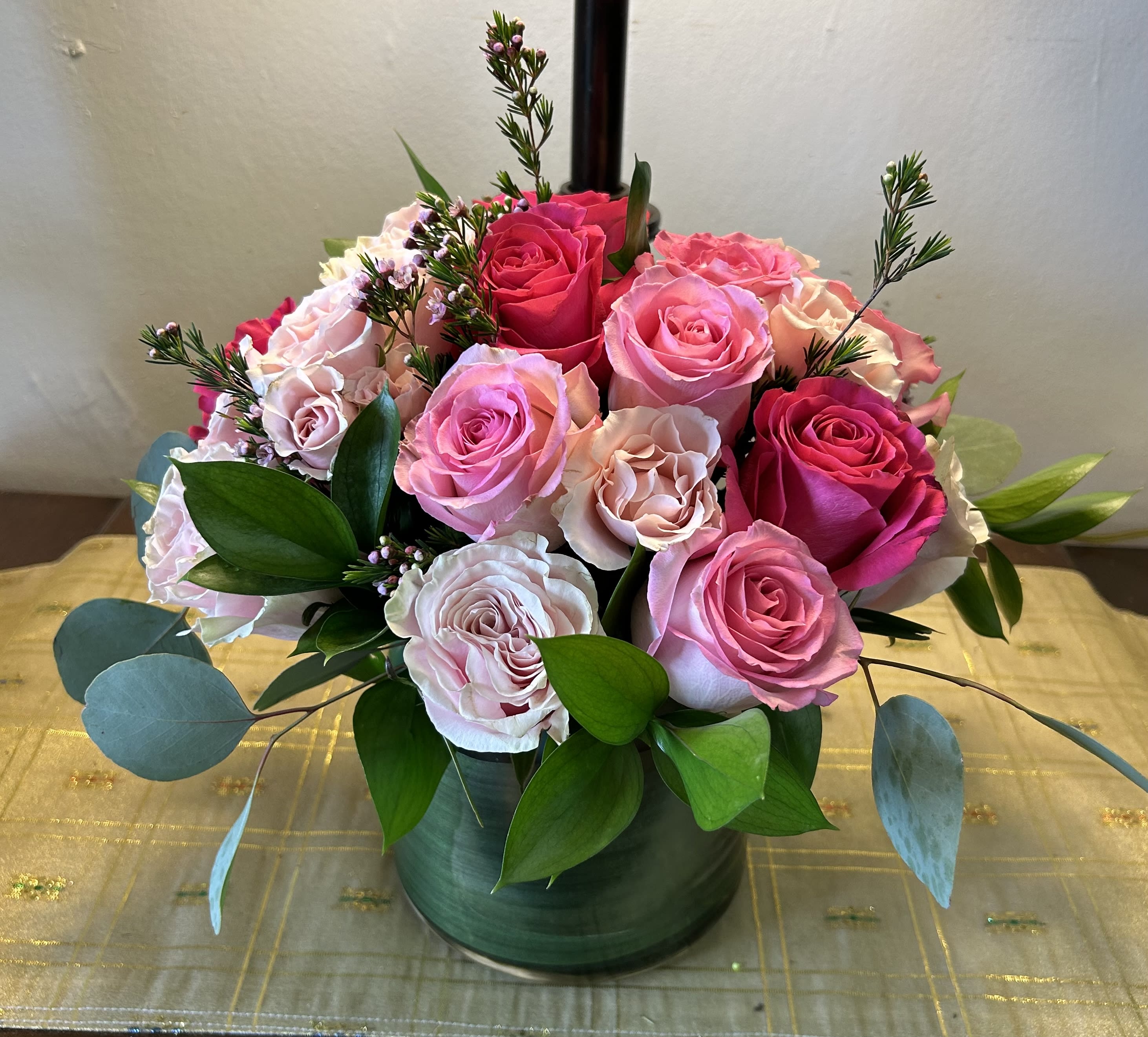 Pink Rose love Bouquet  - I love cylinder or cube with assorted shades of pink roses