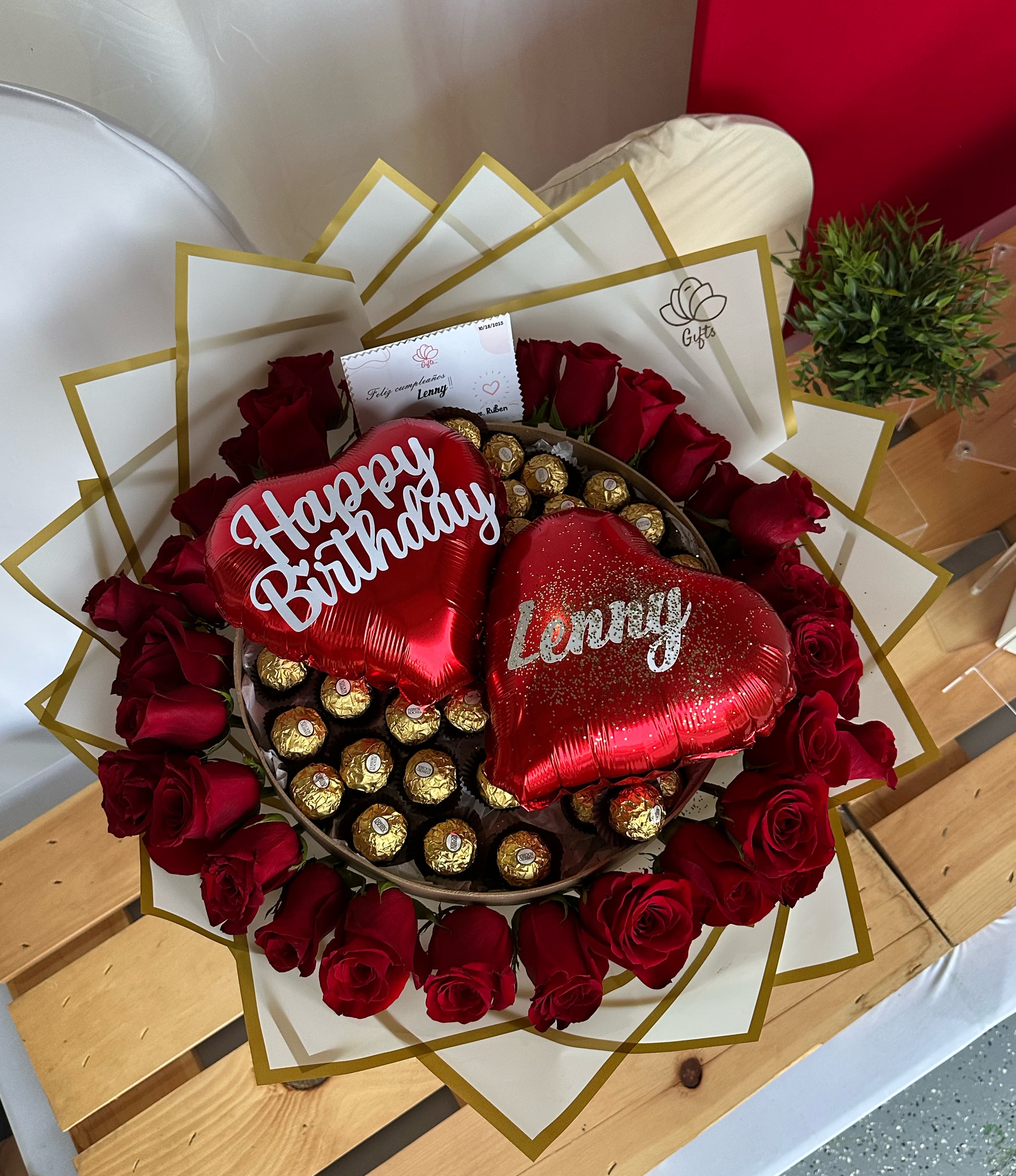 Double heart - Valentine's Day, bouquet of red roses with chocolates 