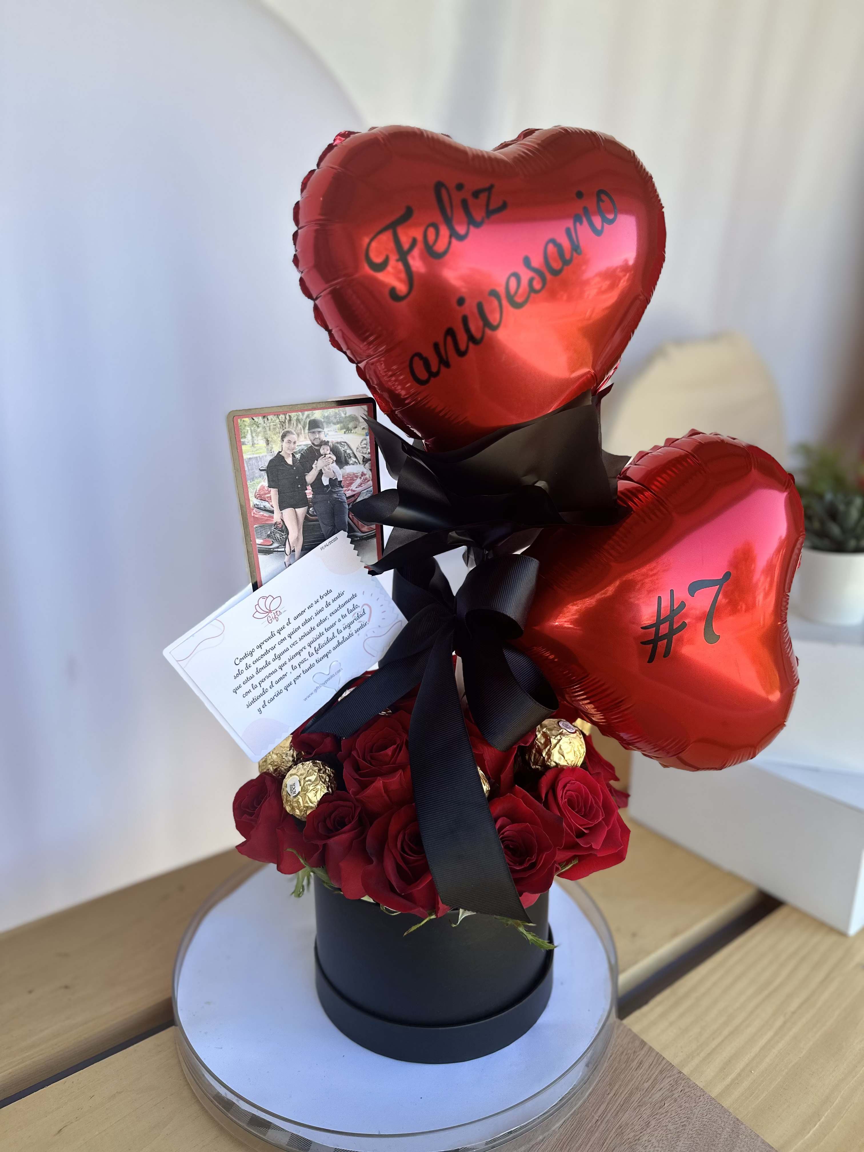 2 anniversary - Red roses in a box with hearts and chocolates