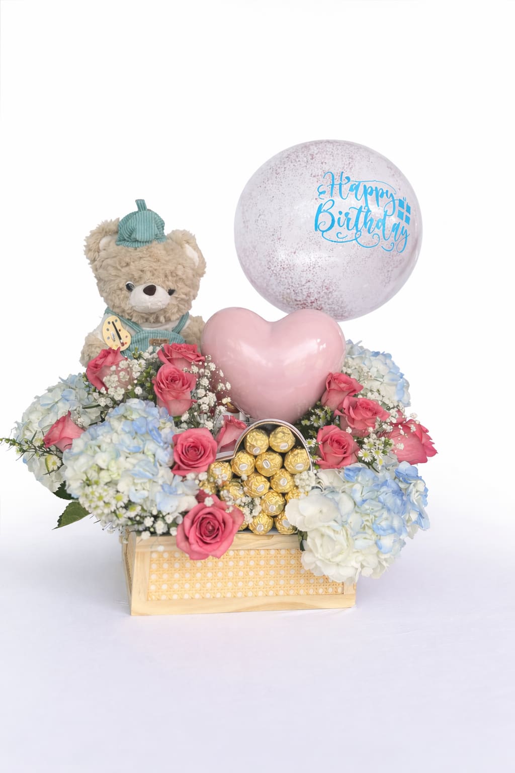 Painter bear - Flower basket with balloons, stuffed animal, and chocolates.