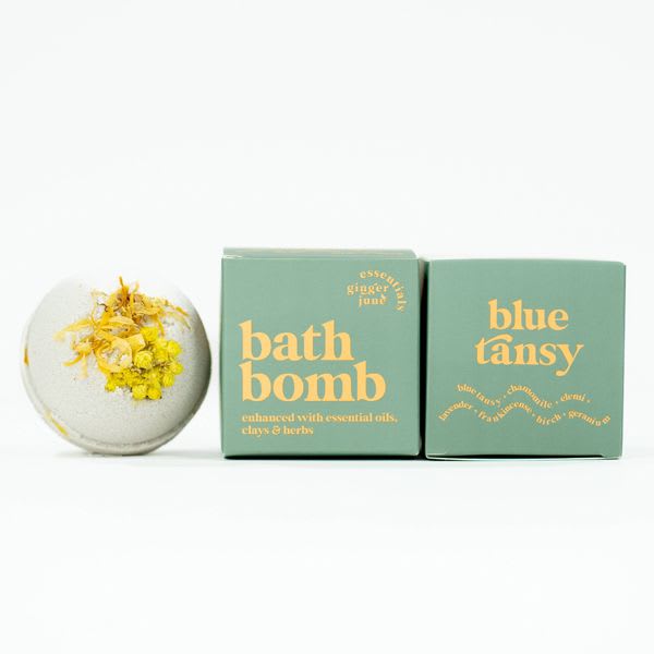 Blue Tansy • 100% Botanica Bath Bomb - 5.5 oz herb + flower infused bath bomb with zero synthetic ingredients. A nourishing &amp; luxurious treat for your bath. Hand made with so much love.  Ingredients: baking soda, citric acid, jojoba oil, avocado oil. witch hazel, cream of tartar, arrowroot, clay, cocoa butter, essential oils Tansy essential oil blend of: Chamomile, lavender, blue tansy, litsea cubeba, geranium, palmarosa &amp; calendula