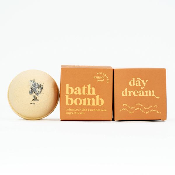 Day Dream - 100% Botanical Bath Bomb - 5.5 oz herb + flower infused bath bomb with zero synthetic ingredients. A nourishing &amp; luxurious treat for your bath. Hand made with love.  Ingredients: baking soda, citric acid, jojoba oil, avocado oil. witch hazel, cream of tartar, arrowroot, clay, cocoa butter, essential oils. Daydream essential oil blend; Palo Santo, Cedarwood, Lavender, Bergamot, White Sage, Palmarosa, Orange, Frankincense, Fir, Vetiver