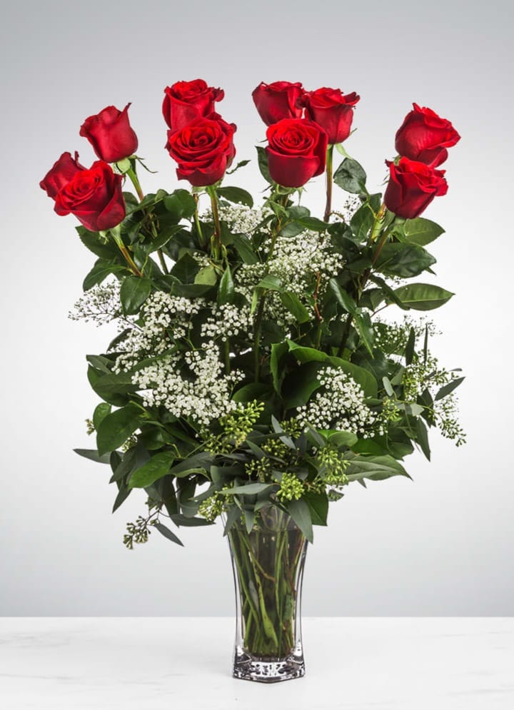 Dozen Long Stemmed Roses with Baby's Breath by BloomNation™ - These dozen red roses with baby's breath are classic! Perfect romantic gift for Valentine's Day or an Anniversary.   APPROXIMATE DIMENSIONS: 25" H X 18" W