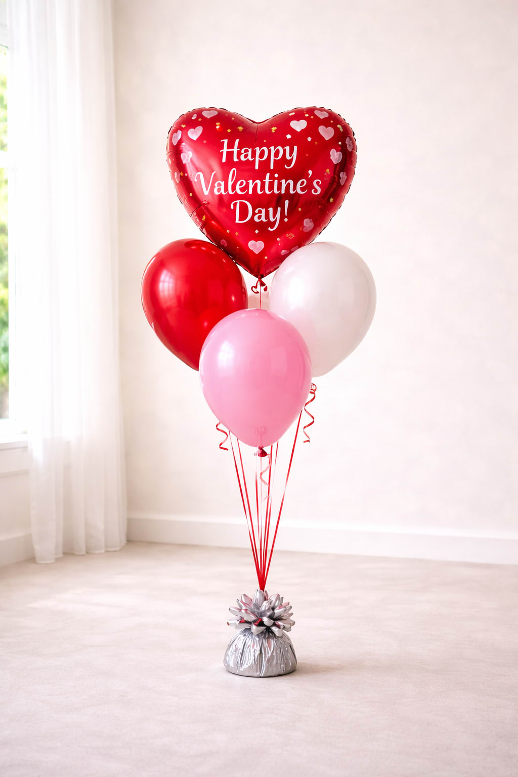 Valentine's Day Balloon Bouquet - 3 Sizes - Celebrate love with a stunning Valentine's Day balloon bouquet, available in three beautiful options to suit every style and occasion. Each bouquet includes a combination of vibrant latex balloons and festive Mylar balloons, perfect for adding a touch of joy and romance to your celebration. All options come with a balloon weight for secure display.  STANDARD PRICE: - Style shown in photo. This elegant bouquet features 3 latex balloons in your choice of reds, whites, pinks, or lavenders, paired with one sparkling Mylar Valentine's Day balloon. Simple yet charming, it's perfect for smaller gatherings or as a sweet surprise. Balloons may vary from photo.  DELUXE PRICE: For a slightly larger celebration, this bouquet includes 6 latex balloons in reds, whites, pinks, or lavenders, along with 3 Mylar balloons featuring classic Valentine's Day designs. It's a beautiful choice to fill the room with love and cheer. Balloons may vary from photo.  PREMIUM PRICE: Go all out with this full bouquet, featuring 9 latex balloons in reds, whites, pinks, or lavenders, along with 4 Mylar Valentine's Day balloons. This vibrant arrangement is sure to make a grand statement and create a memorable celebration. Balloons may vary from photo. 