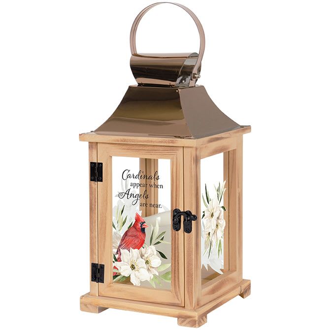 Lantern - 'Cardinals Appear' (Wood/Copper) - "Cardinals appear when Angels are near." - Flameless LED candle lantern made from quality wood and stainless steel copper finish top - Built in Automatic Timer, 6hrs ON/18hrs OFF - 3 AA batteries included - 57631