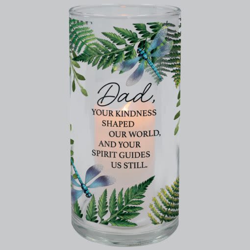 Dad Your Kindness Shaped Our World Hurricane Candle - These hurricane candles are made of glass with UV printed artwork. The included candle has a flameless LED flickering flame that runs on an automatic timer 6hrs ON and 18hrs OFF. The required CR2032 battery is included. H: 7 1/4" DIA: 3 1/2" Inscription reads," Dad, your kindness shaped our world, and your spirit guides us still."