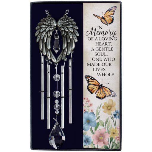 In Memory of A Loving Heart and Gentle Soul Gift Boxed Chime - Our Gift Boxed Chimes are comprised of metal and high quality glass crystals. The box features a printed sentiment. Gift Box measures: 8.5"L x 5.25"W x .75"D Chime measures: 10.75"L x 2.5"W Printed sentiment reads," In memory of a loving heart, a gentle soul, one who made our lives whole."