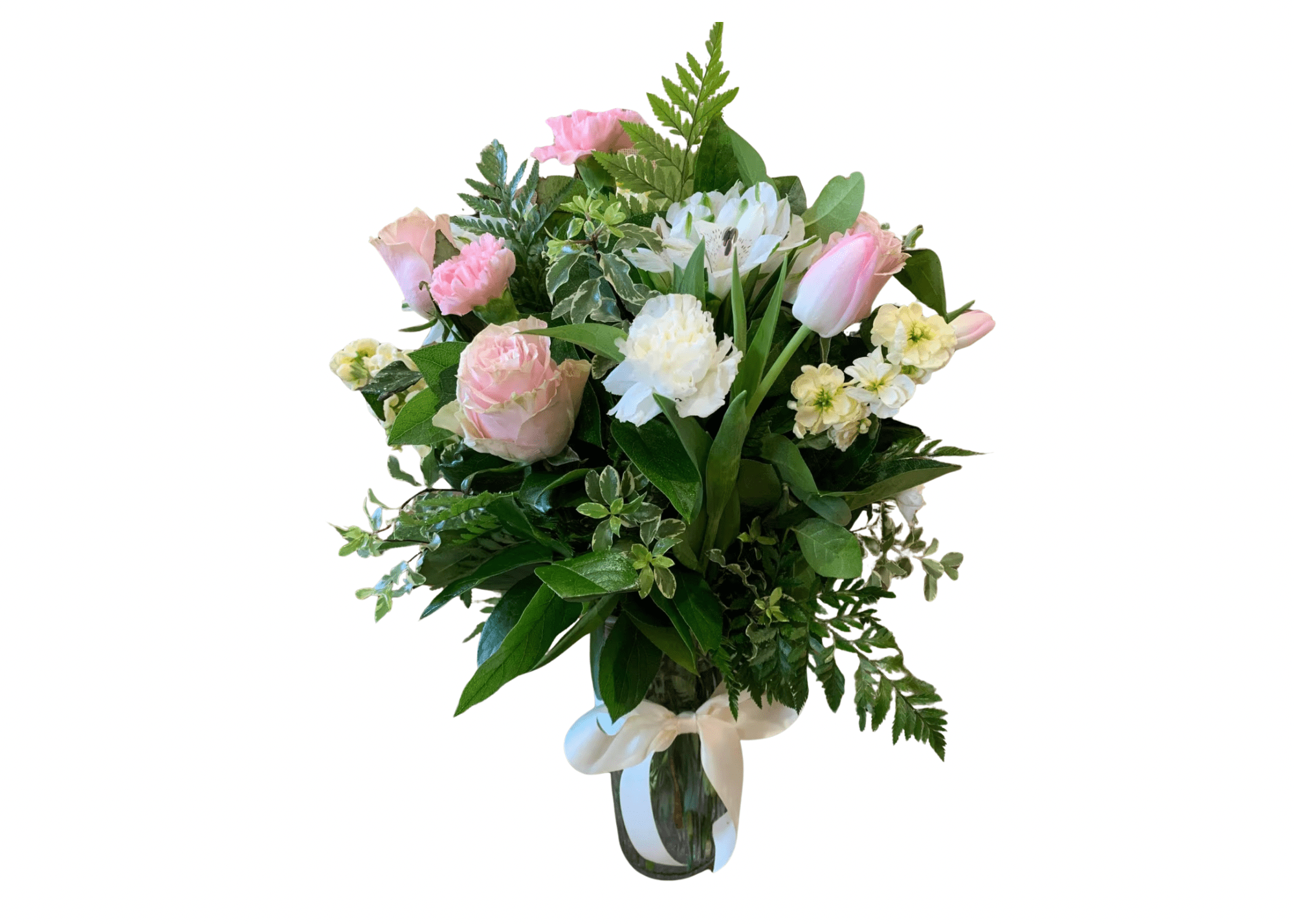 Blushing Beauty  - Lovely, sweet pink and white arrangement filled with Roses, Carnations, Stock, Alstroemerias, and Tulips
