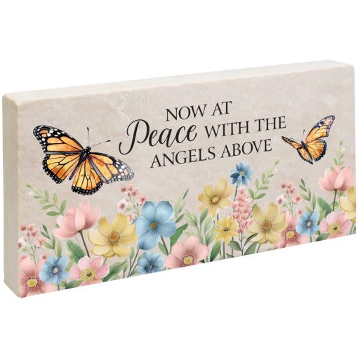 Now at Peace with The Angels Above Turkish Marble Stone - Our marble pavers are made of fine Turkish marble that is designed and printed on in the USA. They are 100% weather friendly. W: 12" H: 6" D: 1" Inscription reads, "Now at peace with the angels above."