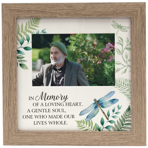 In Memory of a Loving Heart, A Gentle Soul Frame - Our Frames are designed, printed and packaged in the USA! Comprised of wood composite and glass with an easel backing. Cream mat holds a 4 x 6 photo.  W: 9.5" H: 9.5" D: 0.75" Inscription reads," In memory of a loving heart, a gentle soul, one who made our lives whole."