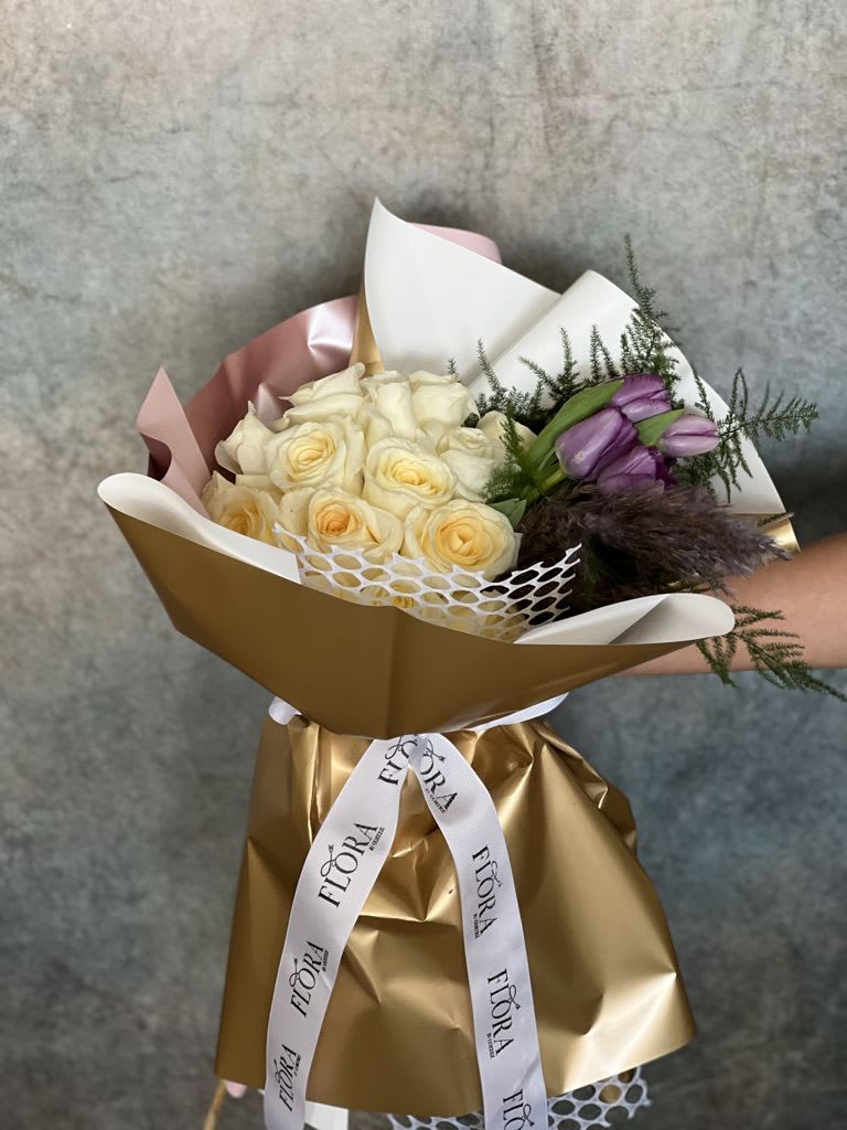 15 White Roses, 10 Colorful Tulips &amp; Pampas Floral Arrangement - Elegant floral arrangement featuring 15 white roses, 10 vibrant tulips, and pampas details with a touch of greenery. A stunning mix of classic and modern beauty, perfect for any occasion. Order this breathtaking bouquet today!