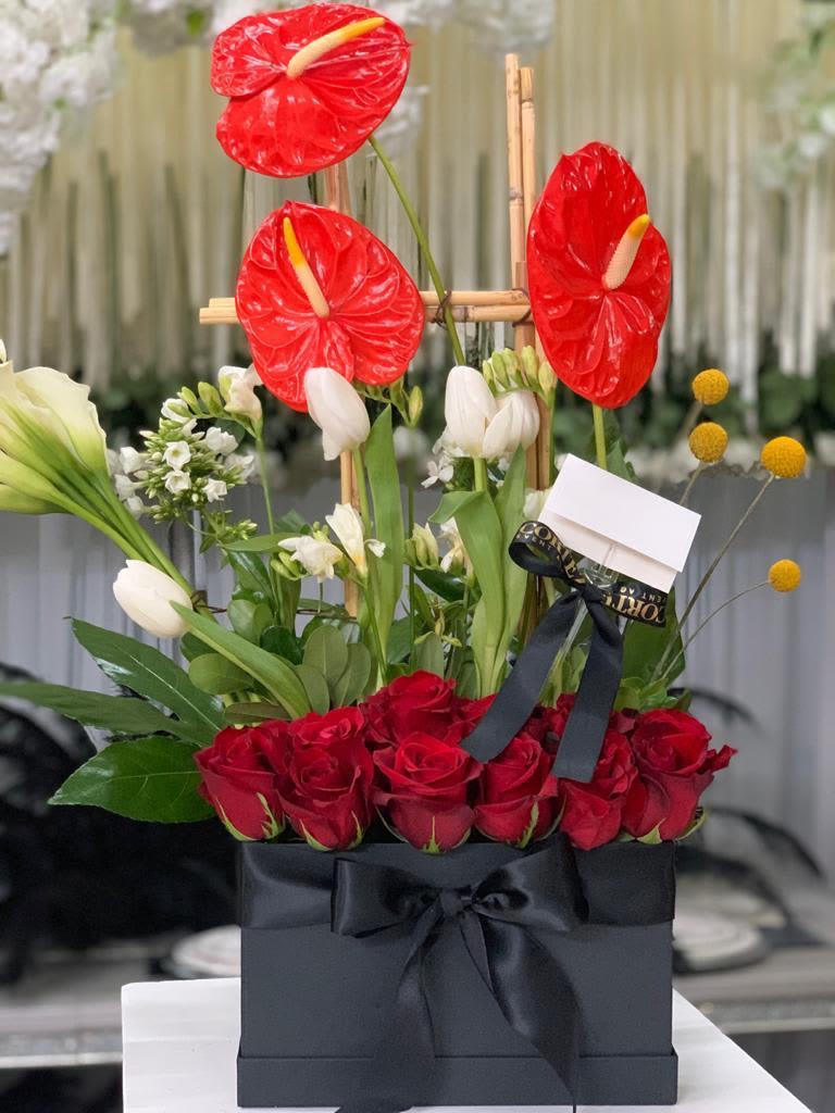 Red Anthurium Box Medium - Beautiful medium-sized red Anthurium arrangement in a stylish box. Perfect for adding a pop of vibrant color and elegance to any space or occasion. Order this stunning and long-lasting floral display today!