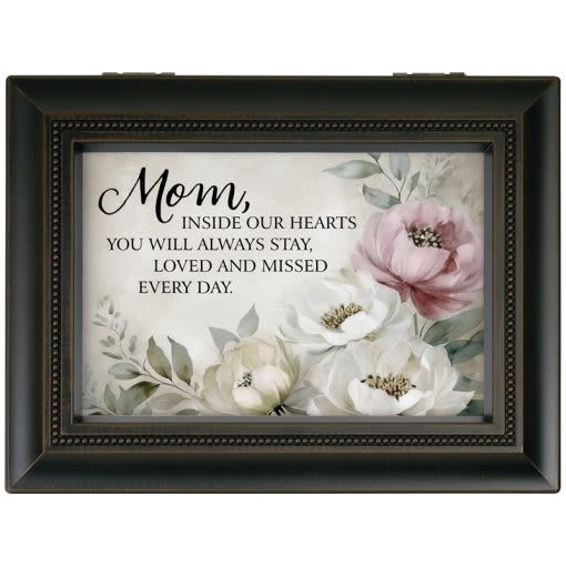 Mom Loved and Missed Everyday Music Box - Music box is velvet lined, includes a hand crank music mechanism and plays a popular song! All sentiment cards can be replaced with a personal photograph. Plays "Fur Elise" W: 8" H: 6" D: 2.75" Reads "Mom, inside our hearts you will always stay, loved and missed every day."