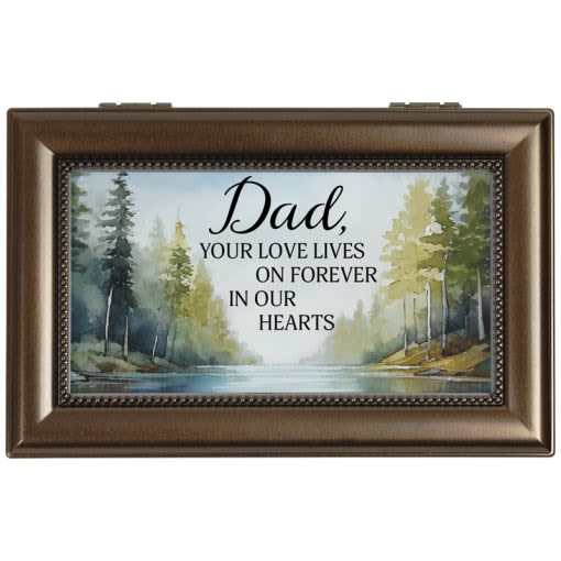 Dad Your Love Lives on Forever in Our Hearts Music Box - Music box is velvet lined, includes a hand crank music mechanism and plays a popular song! All sentiment cards can be replaced with a personal photograph. Plays "Amazing Grace" W: 6" H: 4" D: 2.5" Sentiment reads," Dad, Your love lives forever in our hearts."