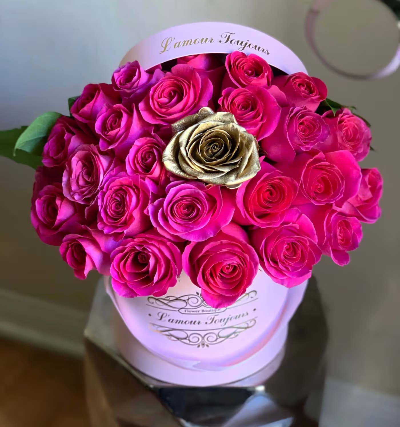 Hot Pink and Gold Signature Box - 25 Premium fresh roses in our Signature Box