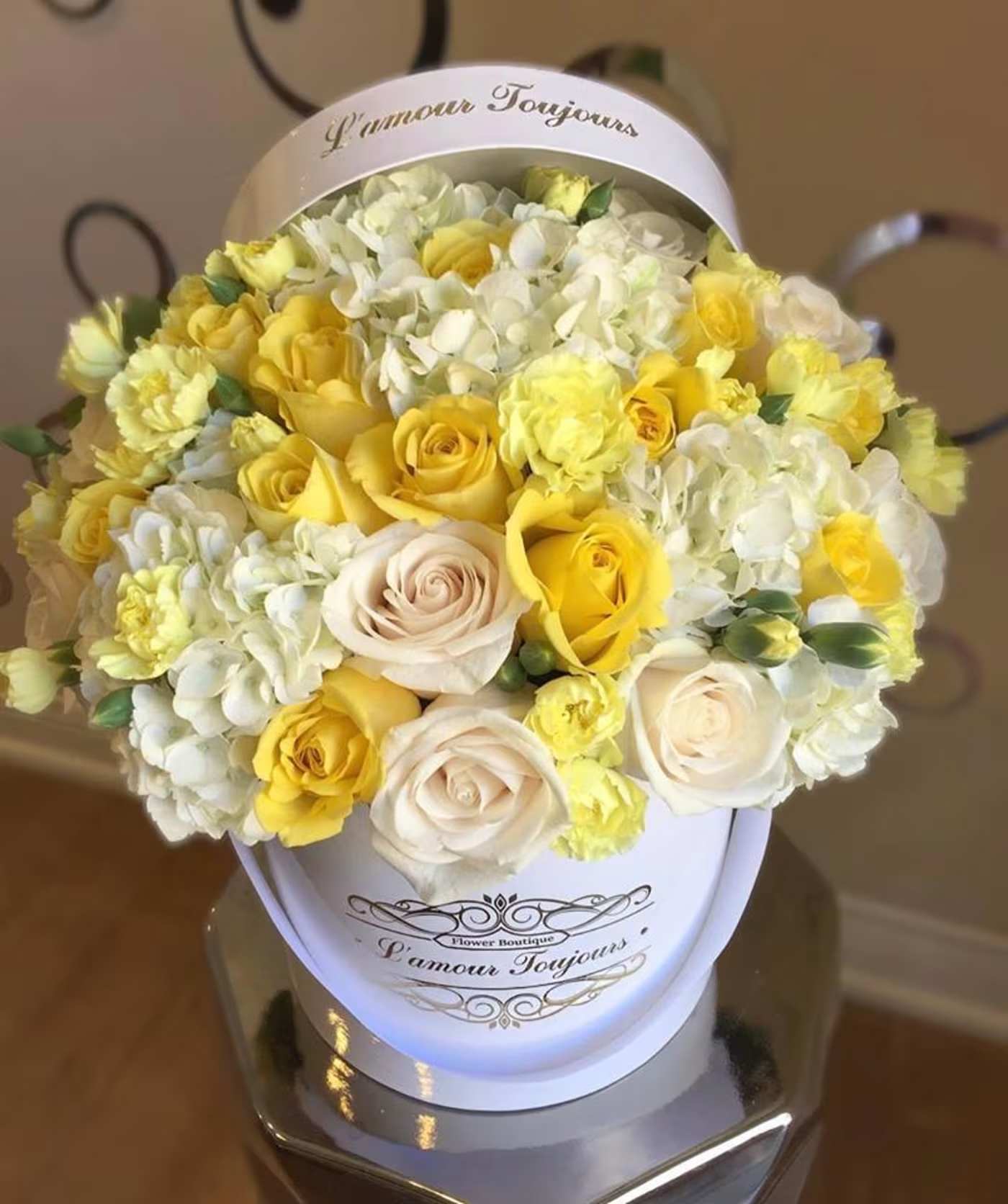 The Yellow Bliss Signature Box - 25 White and Yellow Roses, carnations, hydrangeas mix