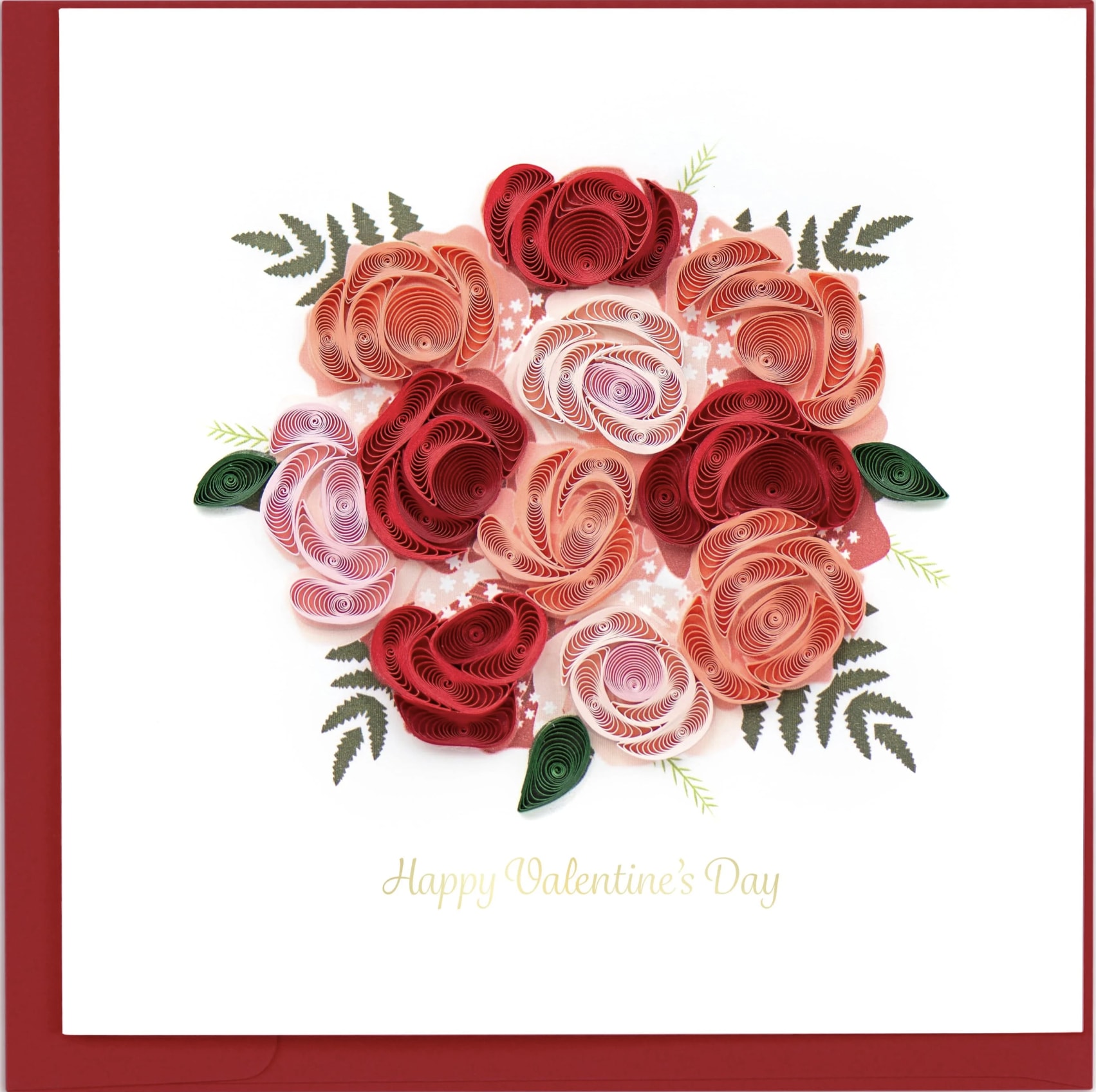Valentine's Day Bouquet Greeting Card - A quilled bouquet of roses for Valentine's Day will last forever. This quilled design is sure to impress your valentine and it will become a card they cherish forever. The design features an aerial view of a bouquet of red and pink roses surrounded by greenery with gold foil text below that reads 'Happy Valentine's Day'.