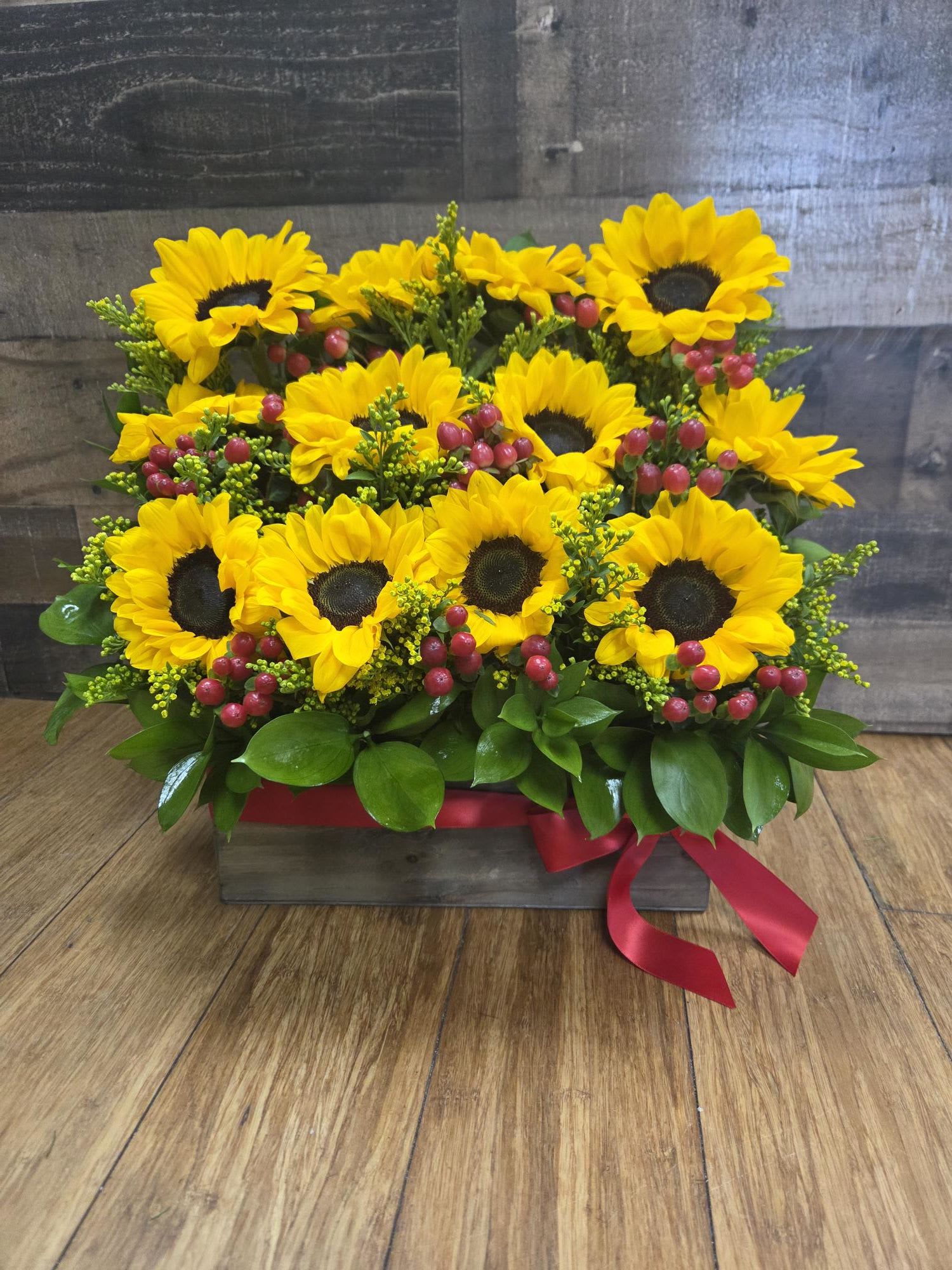 box of sunflowers - 12 sunflowers, solidago, greens, red hypericum