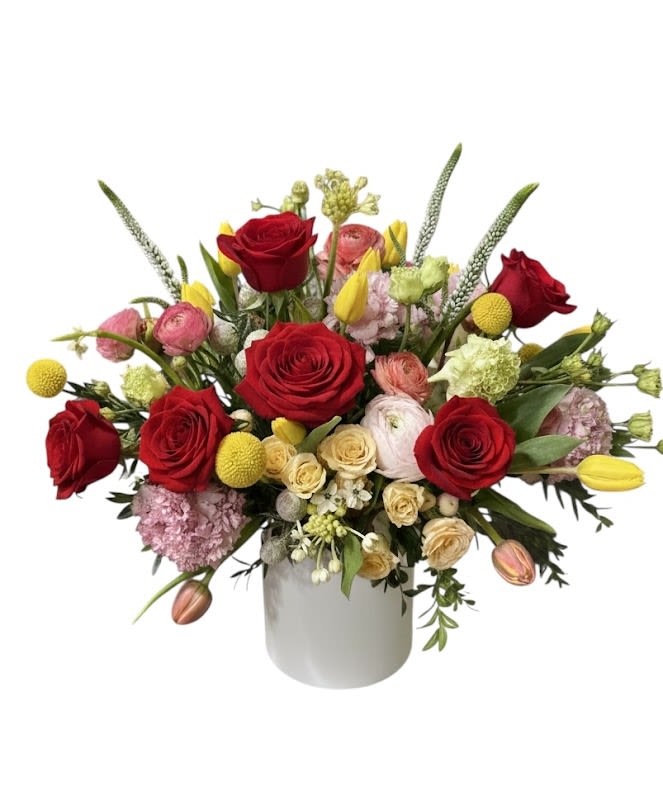 Get together Bouquet - Roses, Lisianthus, Ranunculus, Garden roses, Tulips, Billy Balls, Veronicas with greenery in a Vase