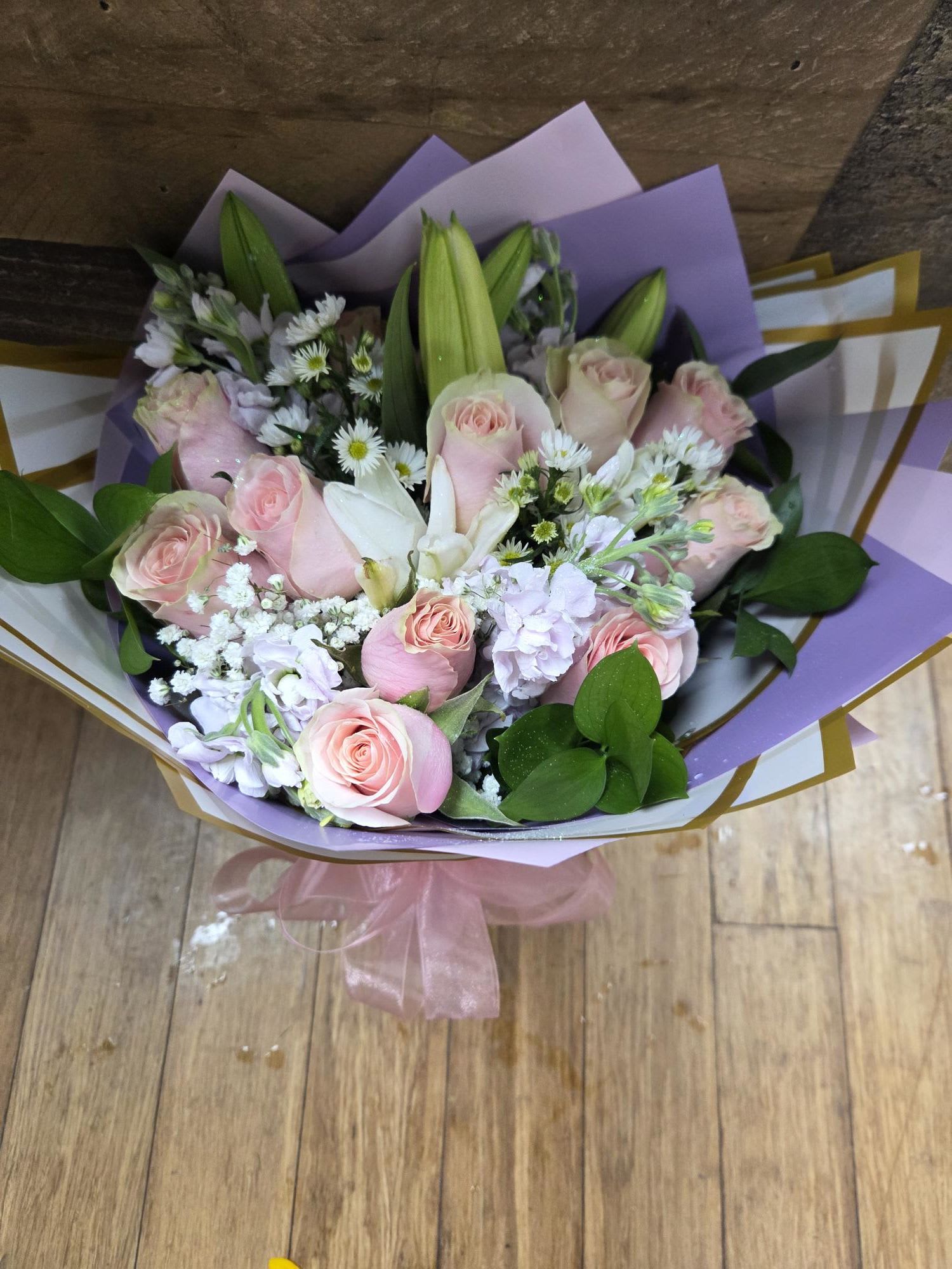 pink roses bouquet - white lilies, lavender stock, pink roses, white monte casino 