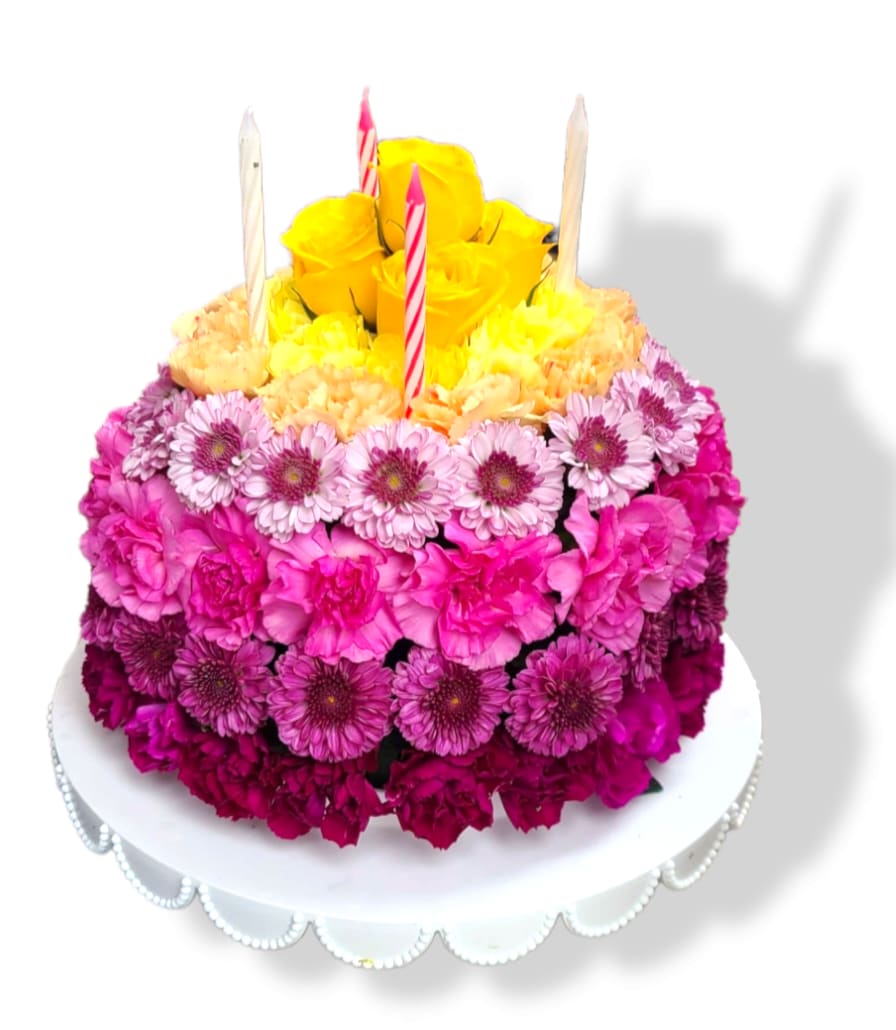 Blooming Birthday Cake - They'll never forget this incredible birthday surprise! Spray roses, pompons and mums create a fun-filled, fat-free birthday greeting.
