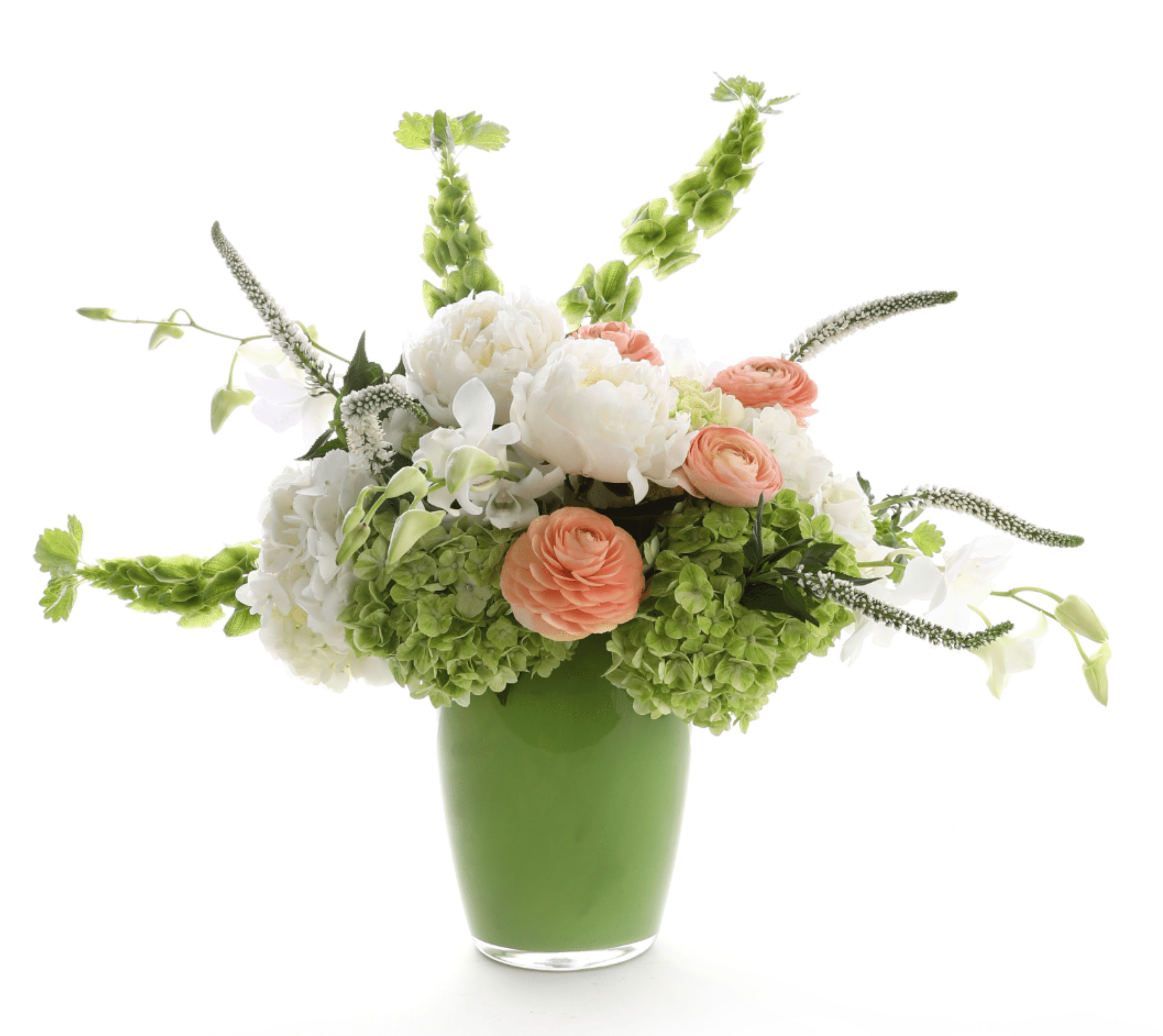 Tranquil - This beautiful tall green glass vase is adorned with the following flowers: Bells of Ireland, hydrangea, dendrobium orchids, peony, ranunculus, &amp; veronica. 