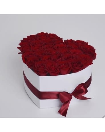 RED ROSE HEART BOX IN WHITE  - This white heart box includes 24 red roses 