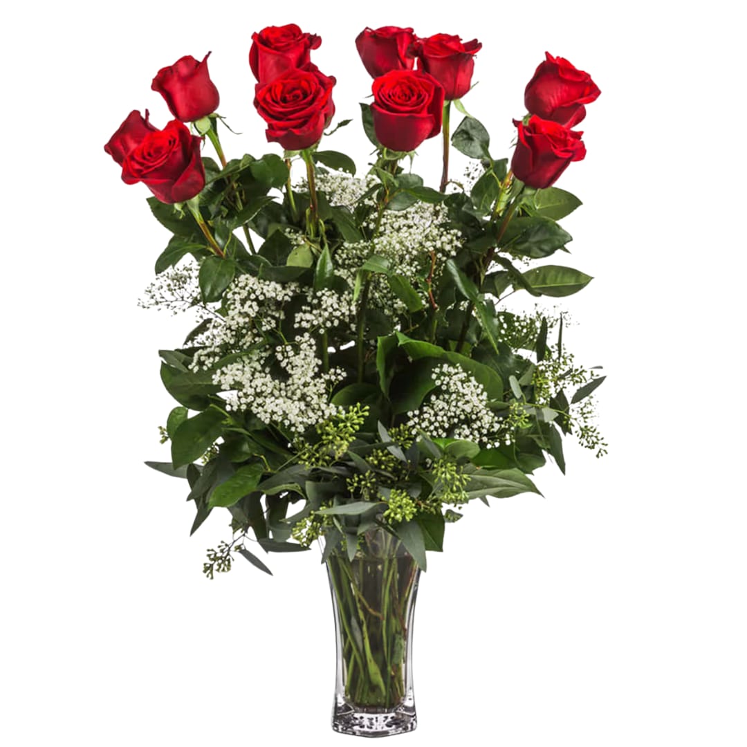 Dozen Long Stemmed Red Roses with Baby's Breath by BloomNation™ - These dozen red roses with baby's breath are classic! Perfect romantic gift for Valentine's Day or an Anniversary.   
