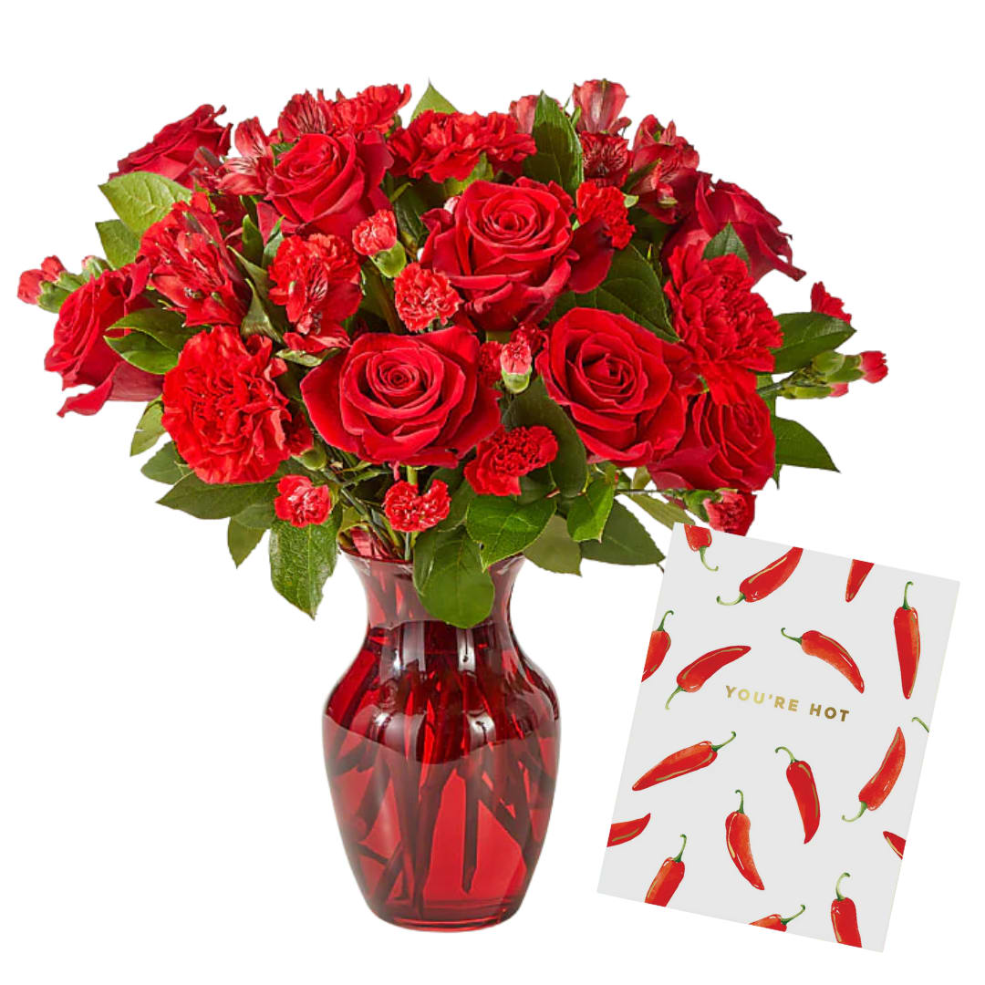 RED HOT Bundle - A Valentine’s dream in full bloom, Red Hot features a striking all-red mix of roses, carnations, and alstroemeria. Bold, passionate, and unforgettable, this arrangement is the perfect way to celebrate an anniversary, special occasion, or simply remind someone how deeply they’re loved.  Paired with a full sized, hand painted greeting card that reads "You're Hot" 
