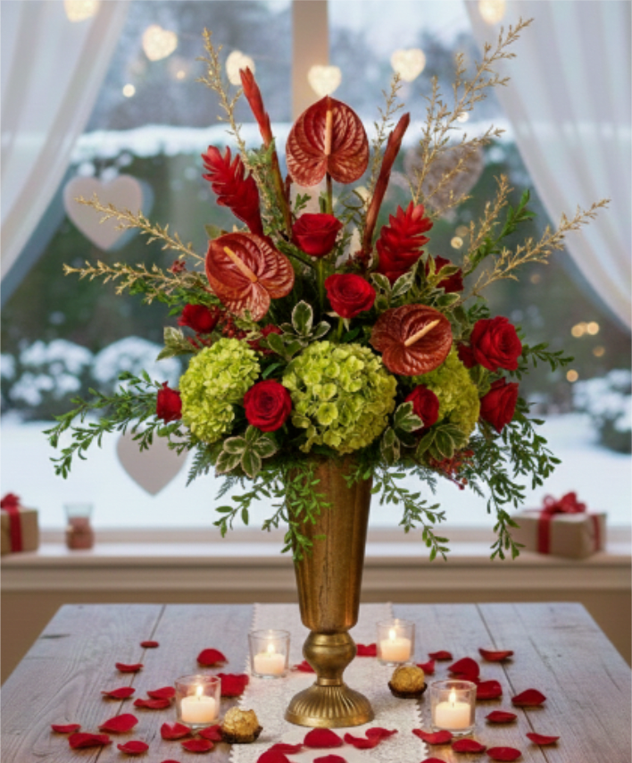  Valentine's Vanguard - Description: "The Valentine's Vanguard" | A Modern Love Story Skip the expected and ignite passion with "The Valentine's Vanguard", exclusively from Arden Park Florist. This architectural masterpiece reinvents Valentine's Day romance, combining the timeless allure of red roses with exotic anthurium for a truly unforgettable statement of love. Designed in a striking gold pedestal vase, this arrangement is anything but traditional. It’s a work of art featuring: Exotic Red Anthurium: These unique, heart-shaped blossoms offer a contemporary symbol of hospitality and abundance of love. Deep Red Roses: The quintessential flower of desire, delivering classic romantic appeal. Vibrant Green Hydrangea: Providing a lush, sculptural base that makes the crimson blooms pop with intensity. For the love that is bold, modern, and utterly unique, "The Valentine's Vanguard" speaks volumes. We offer sophisticated same-day delivery throughout the Sacramento area. Order "The Valentine's Vanguard" today and redefine romance this February 14th. 