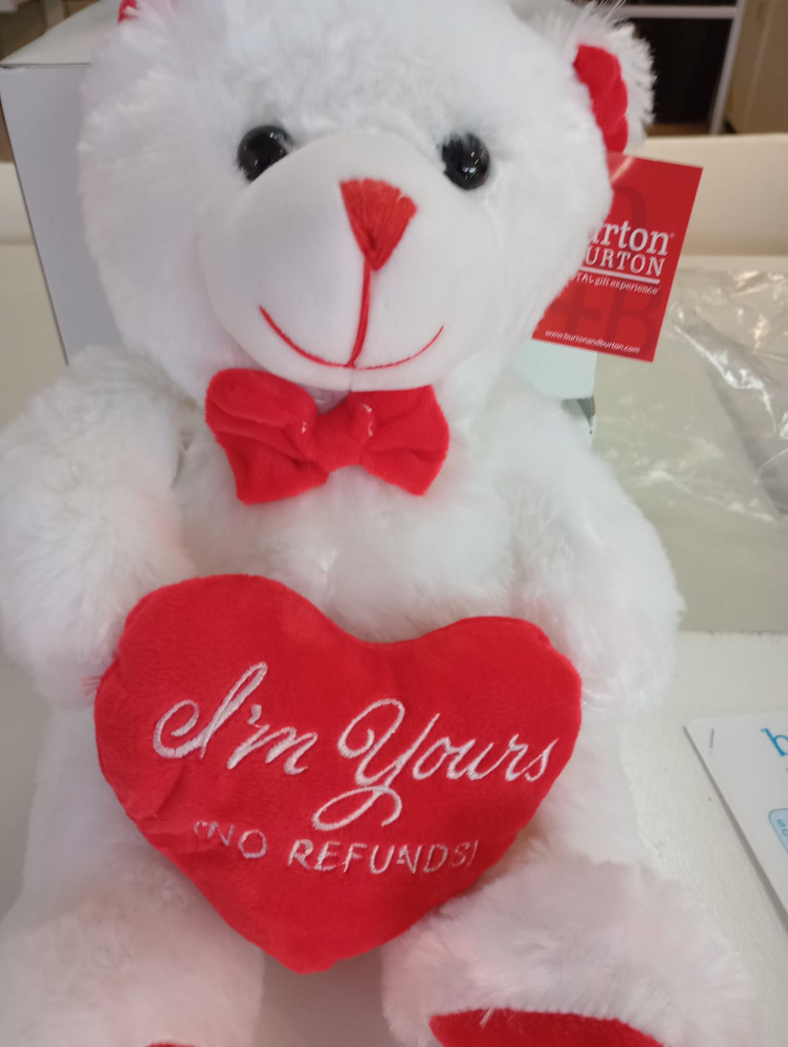 I'M YOURS NO REFUND BEAR - 10in Plush white/red bear add to any floral or balloon bouquet