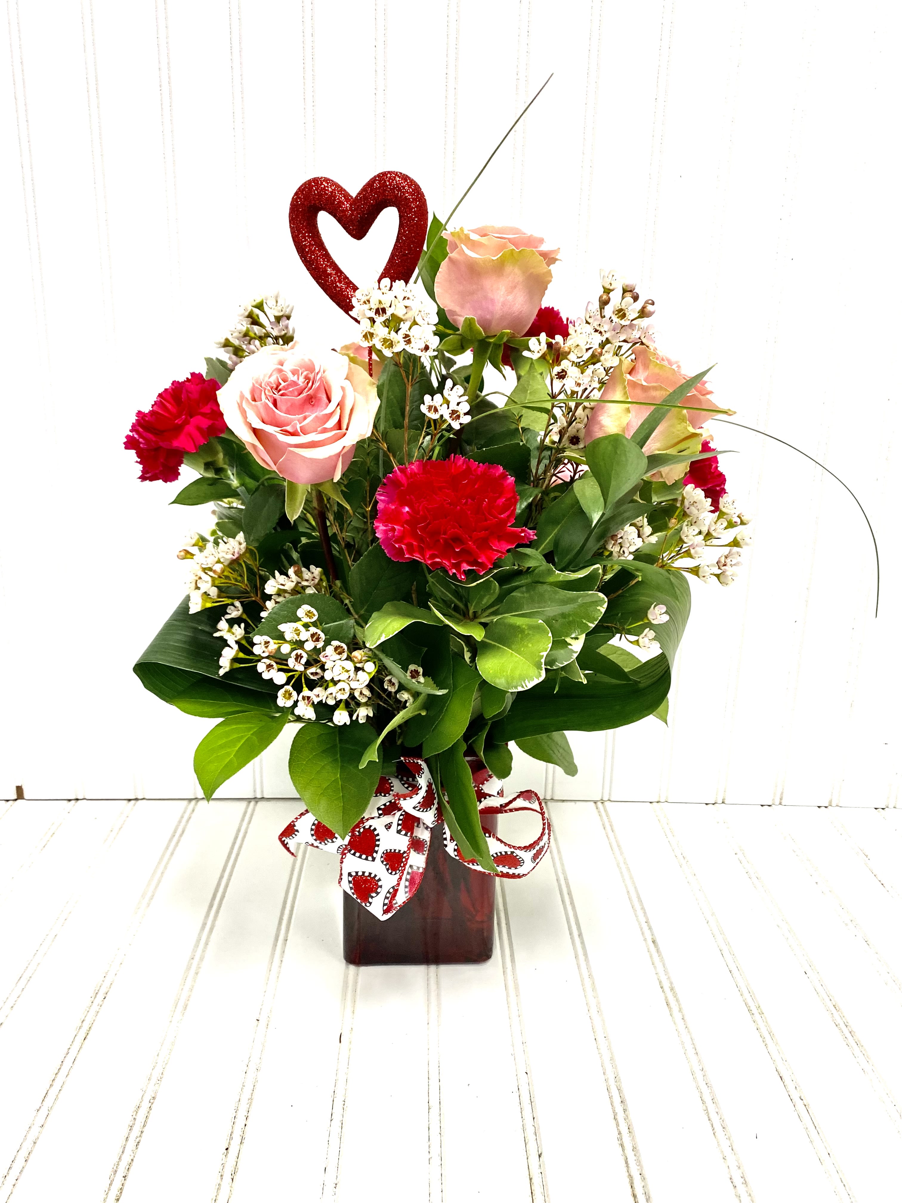 Hugs and Kisses - Red Vase full of hugs and kisses!! Roses and Carnations for your Valentine!