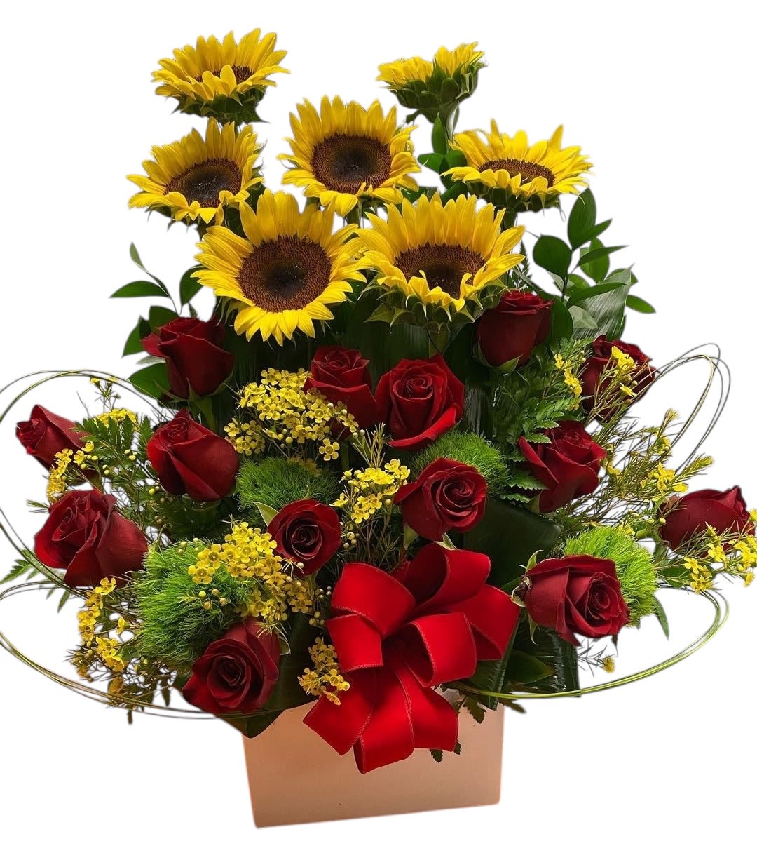 Sunset Bloom - This arrangement full of Sunflowers and red roses is sure to let your love bloom on a nice sunset evening. 